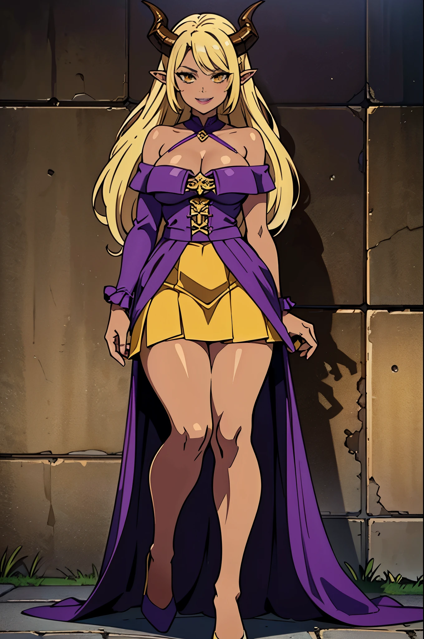 high quality, masterpiece quality, full body portrait, 1woman facing viewer, succubus, prostitute, ram horns, dark olive skin, tanned skin, gold yellow colored eyes, ((dirty blonde colored)) hair, back braid)), large breasts, large wide hips, wearing a ((dark purple colored)) off the shoulder ruffled dress and ruffled ((purple skirt)), cleavage, smug smile, purple lips, in cobblestone backdrop