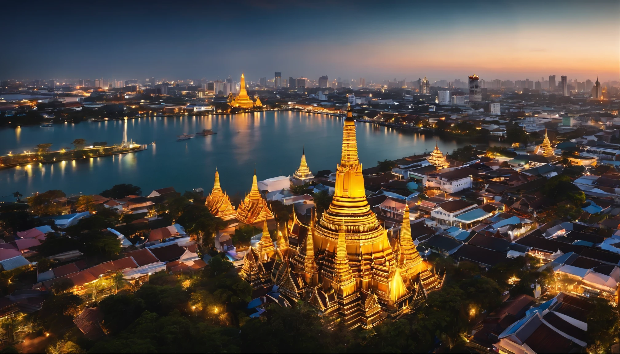 An anime-style aerial view of Bangkok, with a focus on the glittering Wat Arun temple at the heart of the city. The intricate details of the temple's architecture are highlighted in gold, standing majestically along the riverbank. The surrounding cityscape basks in the bright, clear sky, showcasing a harmonious blend of tradition and modernity.