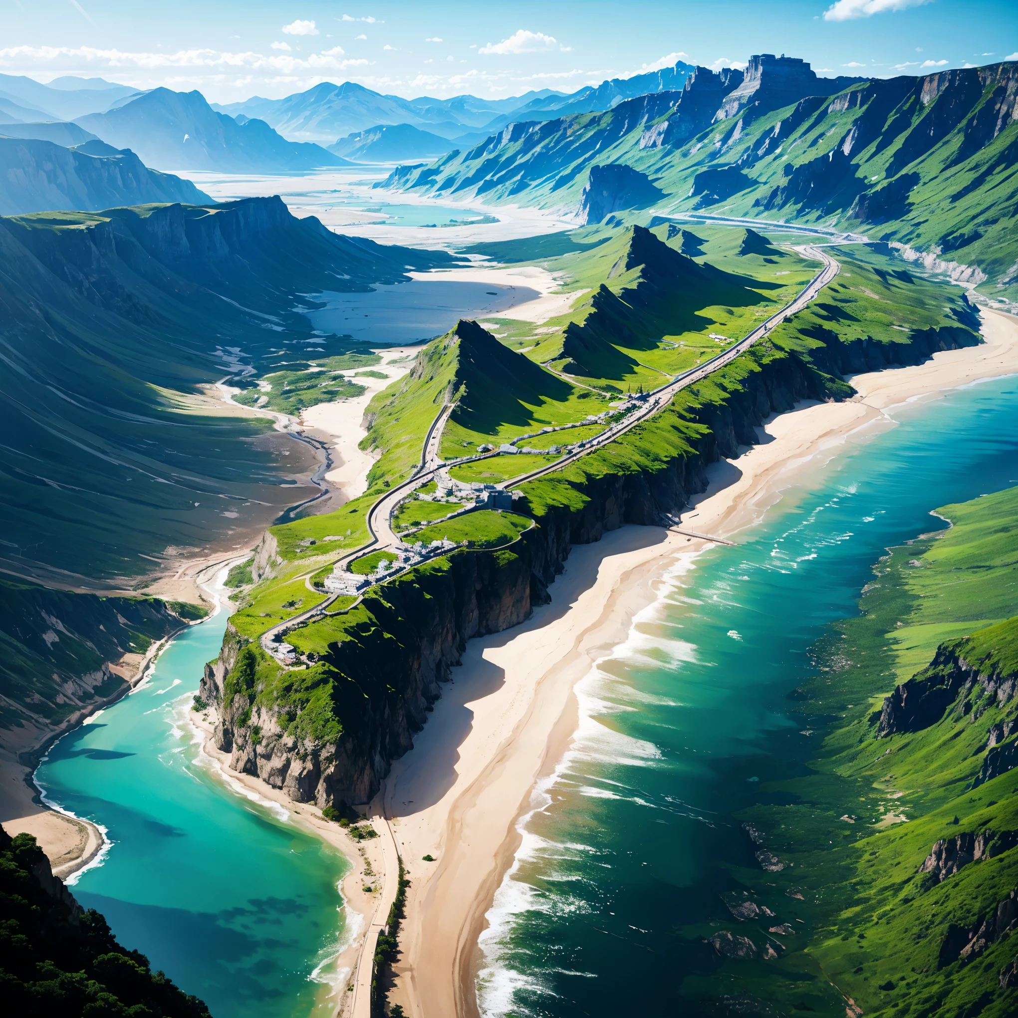 (best quality,4k,8k,highres,masterpiece:1.2),ultra-detailed,realistic,professional,(aerial view:1.2),landscape,panoramic view,vibrant colors,delicate clouds,crisp details,beautifully composed,wide expanse of land,blue sky,amazing height,immersive experience,horizontal composition,natural beauty,dramatic perspective,breathtaking scenery,spectacular view,sunlit landscape,serene atmosphere,expansive horizon,verticality,majestic mountains,rippling rivers,lush greenery,shimmering lakes,sun-kissed fields,shadows and highlights,sublime,peaceful,tranquil,awe-inspiring,mesmerizing,seemingly endless view,calmness and tranquility,revel in the beauty,quiet contemplation,far-reaching vistas,uninterrupted view of nature,immersed in nature,feel the vastness of the world,overwhelming sense of scale,wonder and amazement.