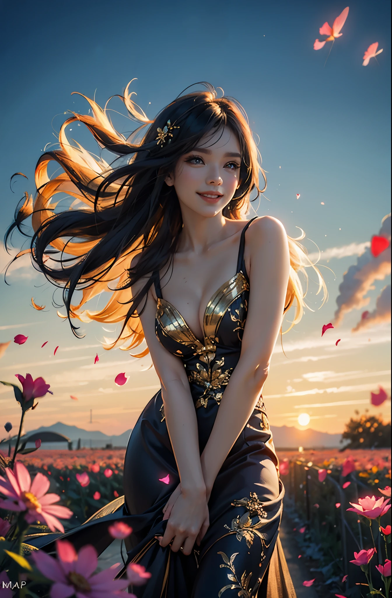 award winning digital art, half body portrait of a beautiful woman in a silk Tang dress with gold embroidery, colorful hairstyle with head in motion and long hair flying, big smile, Happy, sexy, in a flower field, golden sunset, particles dust, glitter, paint splashes, splatter, outrun, vaporware, shaded flat illustration, digital art, trending on artstation, highly detailed, fine detail, intricate