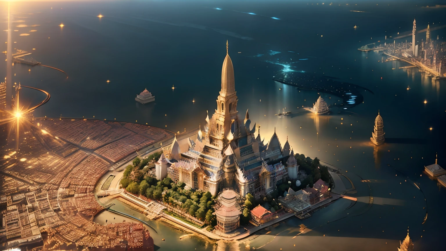 An anime-style aerial view of Bangkok, with a focus on the glittering Wat Arun temple at the heart of the city.
The intricate details of the temple's architecture are highlighted in gold, standing majestically along the riverbank.
The surrounding cityscape basks in the bright, clear sky, showcasing a harmonious blend of tradition and modernity.