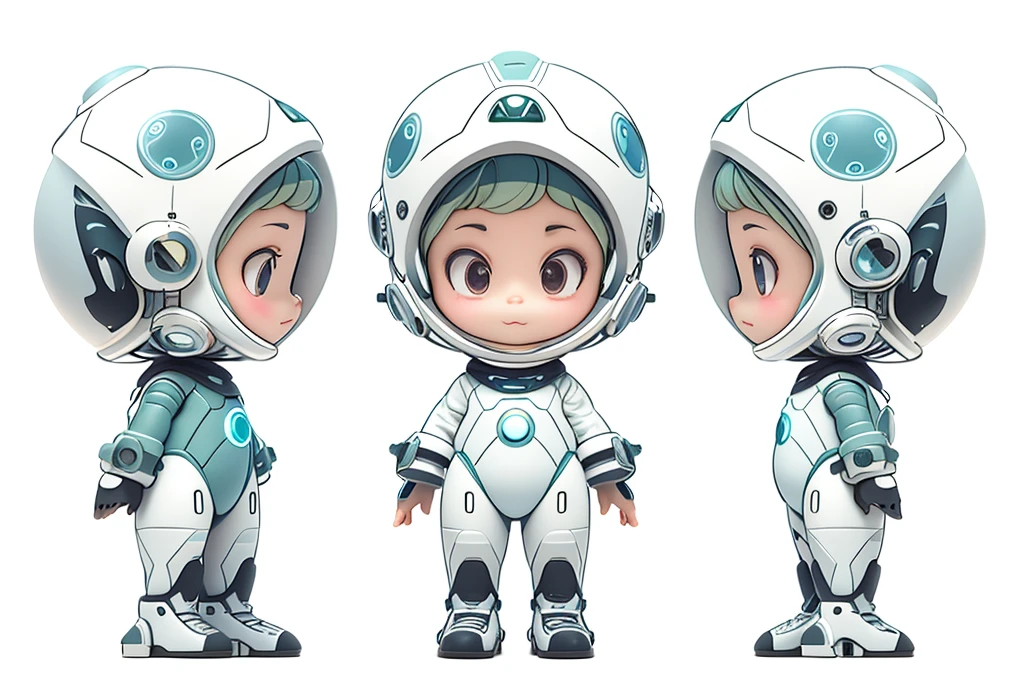 Three views of a cute animated character in futuristic space armor and helmet with big eyes and a smile, including chibi style, full body front view and side view. Black text on white background. Pixar Disney style. Character standing upright facing camera. Line art on illustrated pages. line draft, thick lines, cute chibi cartoon characters,blind box, 8k, best quality, 3d, c4d, blender