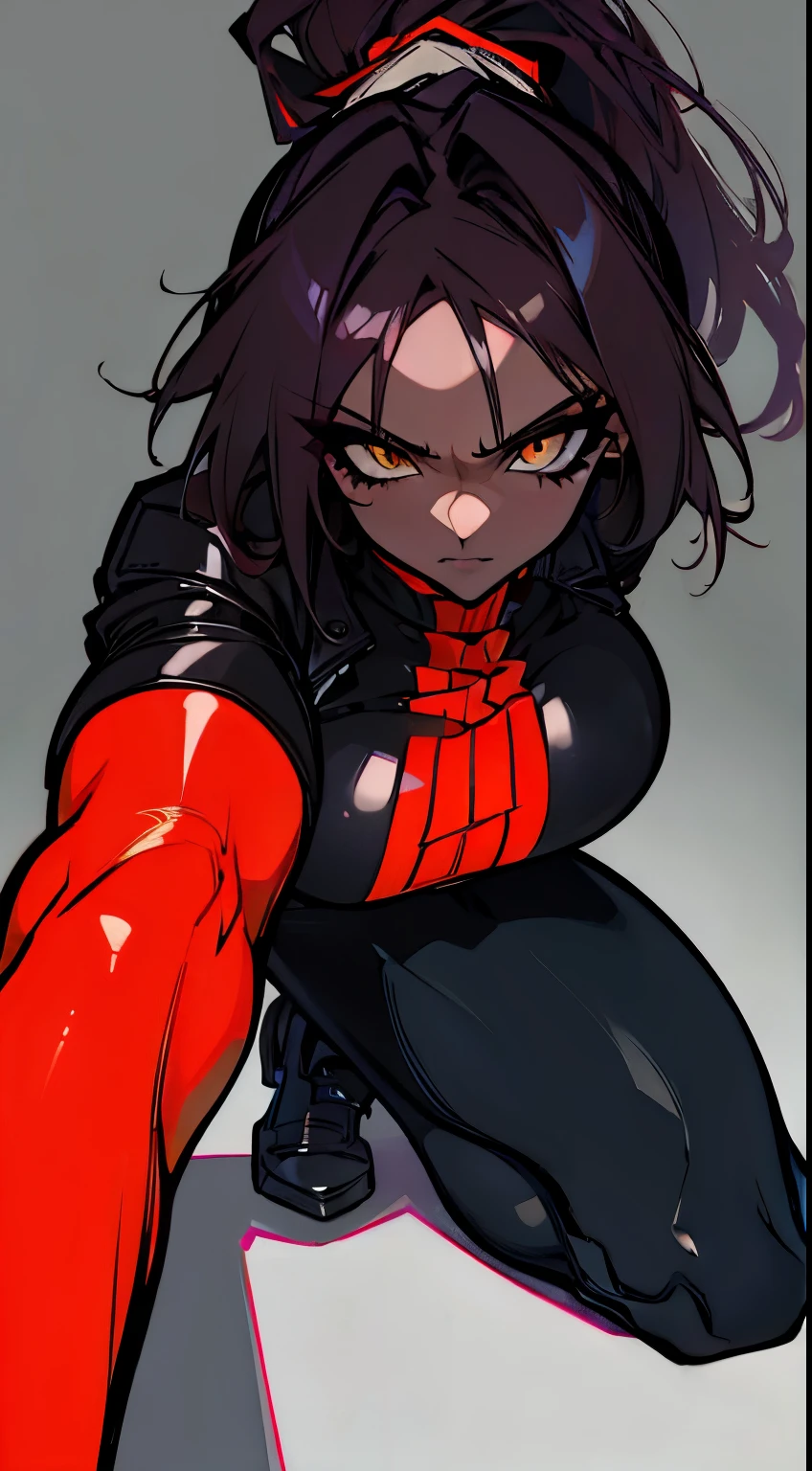 (High resolution), (In 8K), (extreme details), (Best Illustration), (beautiful details), (highest quality), (Masseter muscle part), ( detailed face), ((dark skinned woman)),ponytail、comb one's hair、one hand is on the waist ((Black Leather Riders Jacket、black leather pants))a ferocious look、Full body Esbian、realistic fantasy rendering, realistic anime girl rendering, full body portrait, (: 1.4) Popular at CG Station, 4k,Put highlights in the eyes