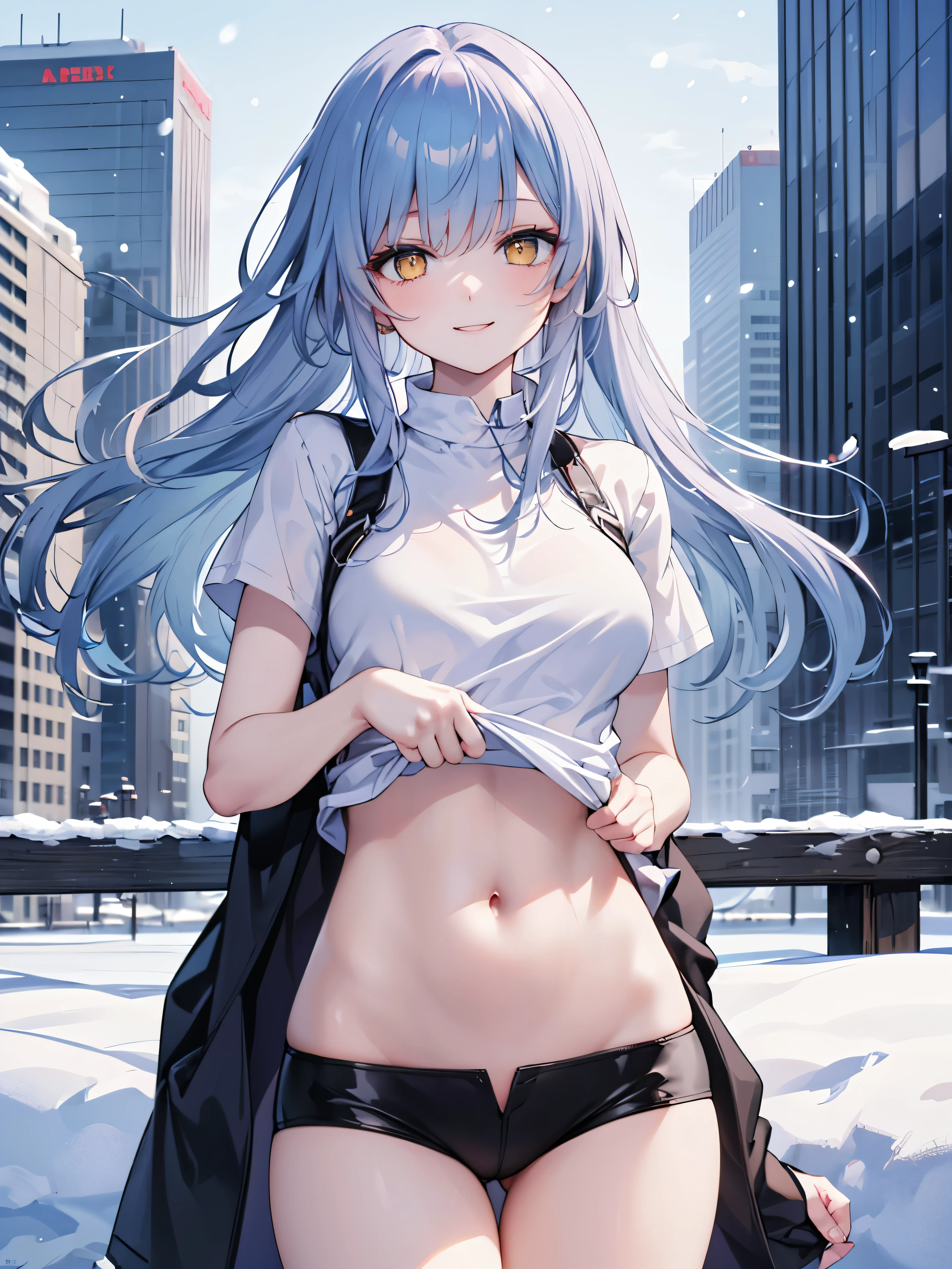 (Masterpiece、top quality)、alone、1 lady、long hair、light blue hair、yellow eyes、a smile、Umbilical support、Navel-baring T-shirt、skin wiping action、Skin as white as snow、Western-style cityscape