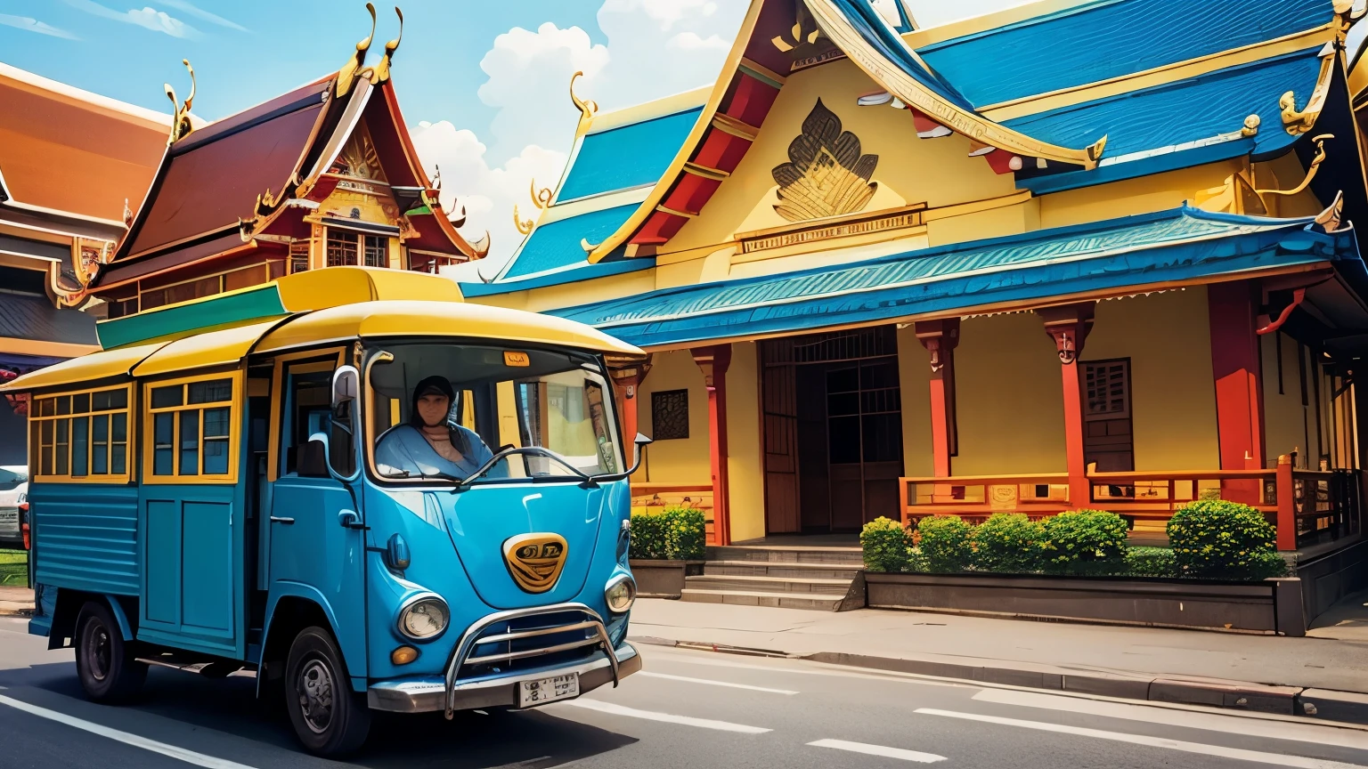 Thai temple in bangkok.

Thai tuk-tuk blue and yellow color.