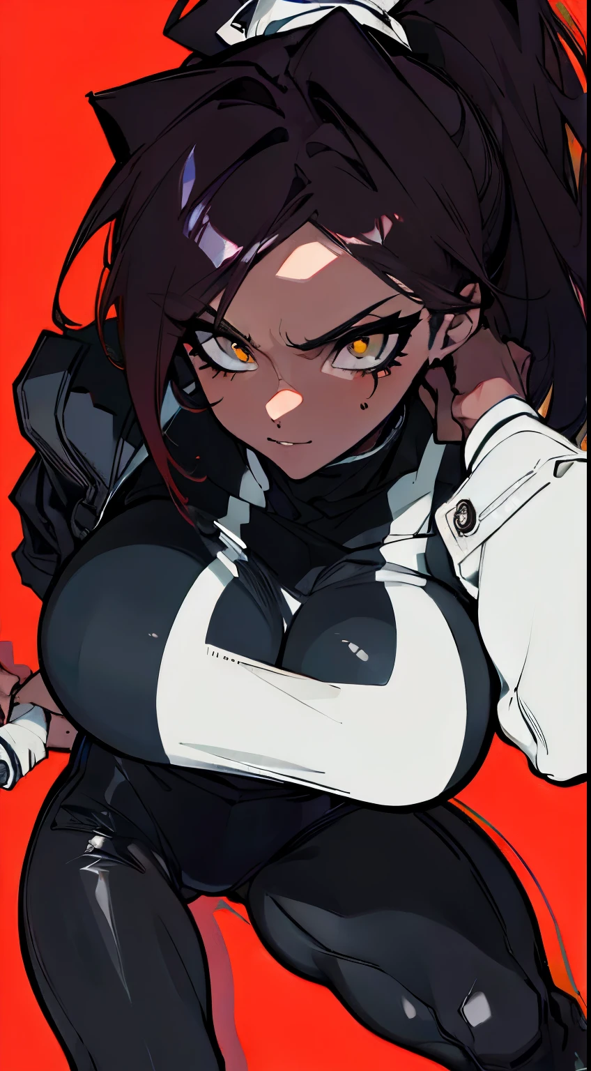(High resolution), (In 8K), (extreme details), (Best Illustration), (beautiful details), (highest quality), (Masseter muscle part), ( detailed face), ((dark skinned woman)),ponytail、comb one's hair、one hand is on the waist ((Black Leather Riders Jacket、black leather pants))a ferocious look、Full body Esbian、realistic fantasy rendering, realistic anime girl rendering, full body portrait, (big breasts: 1.4) Popular at CG Station, 4k,Put highlights in the eyes