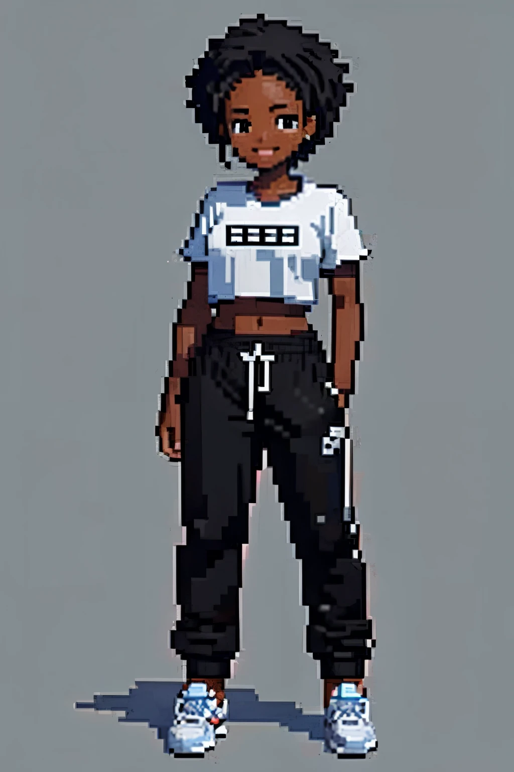 black girl, sweatpant, scasual outfit, smile, standing, standing pose, no pose, general pose, white background, high res, ultrasharp, 8K, masterpiece, bust-up im pixel art
