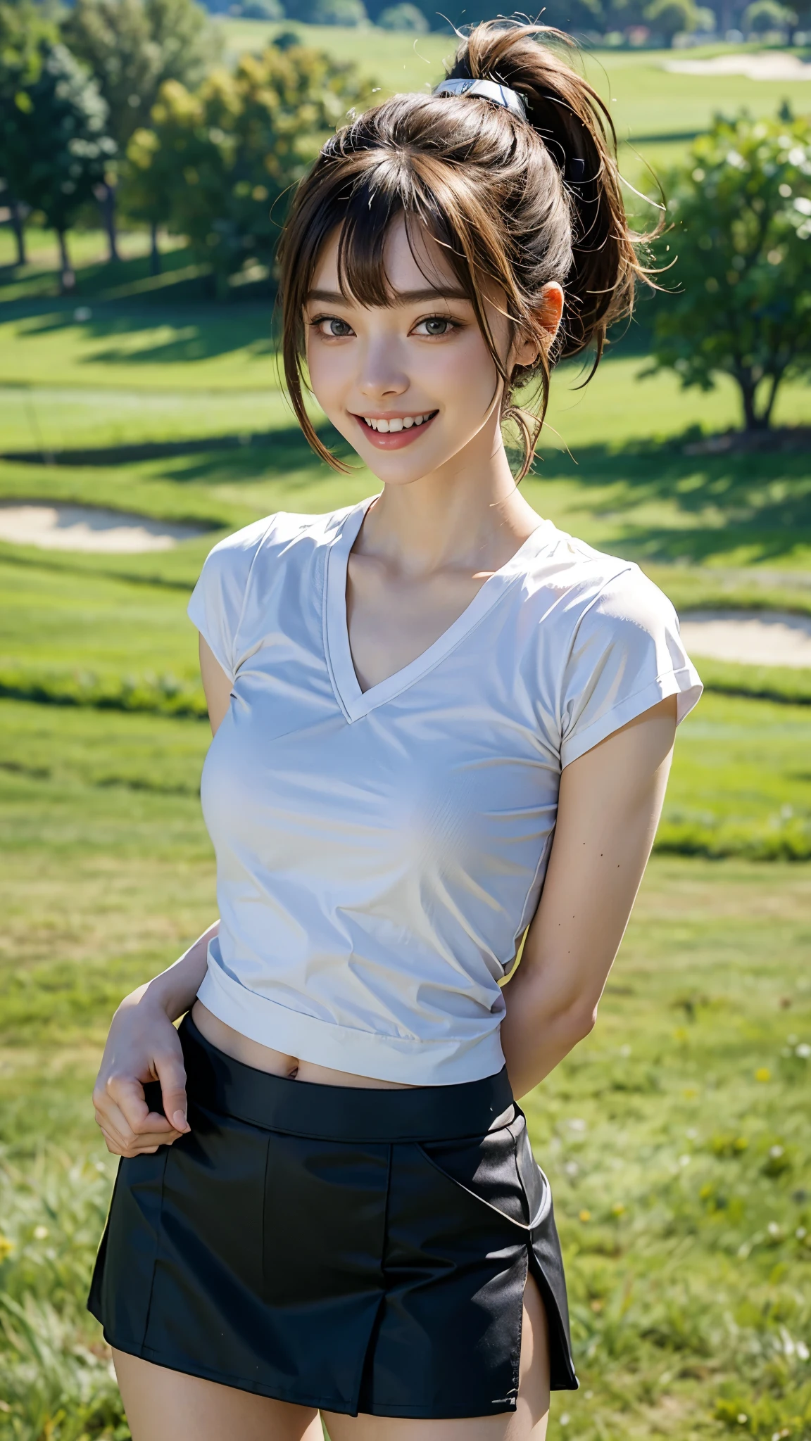 highest quality, masterpiece, ultra high resolution, (realistic:1.4), 20-year-old,1 girl,Super high quality,8k,thinウエスト,thin脚,thin and beautiful arms,beautiful fingers,Sare-eye makeup,thin,Medium chest,soft chest,at the golf course,tee shot,Stylish golf wear,mini skirt,((Ponytail and Hair Tie)),((Bangs short hair)),realistic,picture media chest)),((toothy smile)),((big smile))