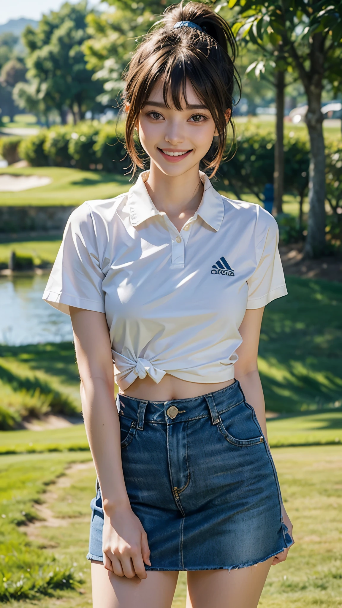 Best quality, masterpiece, ultra high res, RAW photo, (photorealistic:1.4), 1girl, detailed face, cowboy shot, in (white shirt with blue collar, blue sweat shorts),large breasts, narrow waist:1.2), ponytail,  bokeh, beautiful lighting, model posing, gal gadot, smiling, bright eyes