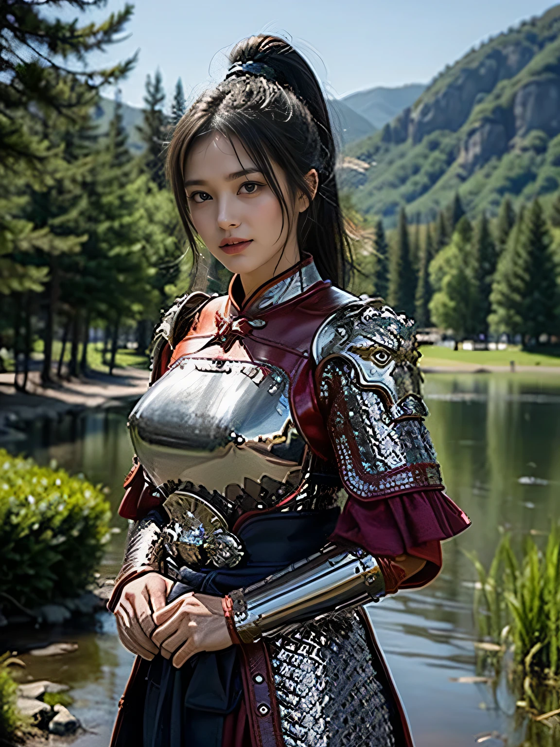 masterpiece,Best quality,HD quality,face close-up,A high resolution,8K,Ancient battlefield background, ((field:1.8)),(Female generals on the battlefield in the Han Dynasty),18-year-old girl,(long ponytail hairstyle),cparted lips,Full and erect breasts,Noble and charming,Elegant and serious,Chinese armor,sword, Chinese architecture, Blue by Capelet,,The combination of white metal and red leather,chest armor,metallic luster,Leather buckle,Exquisite pattern,mysterious badge,Cool and gorgeouig breasts)),Chest groove,Three Kingdoms character painting style,Photo pose,oc render reflection texture,charming smile,Head-up shot,bright afternoon,woodland background