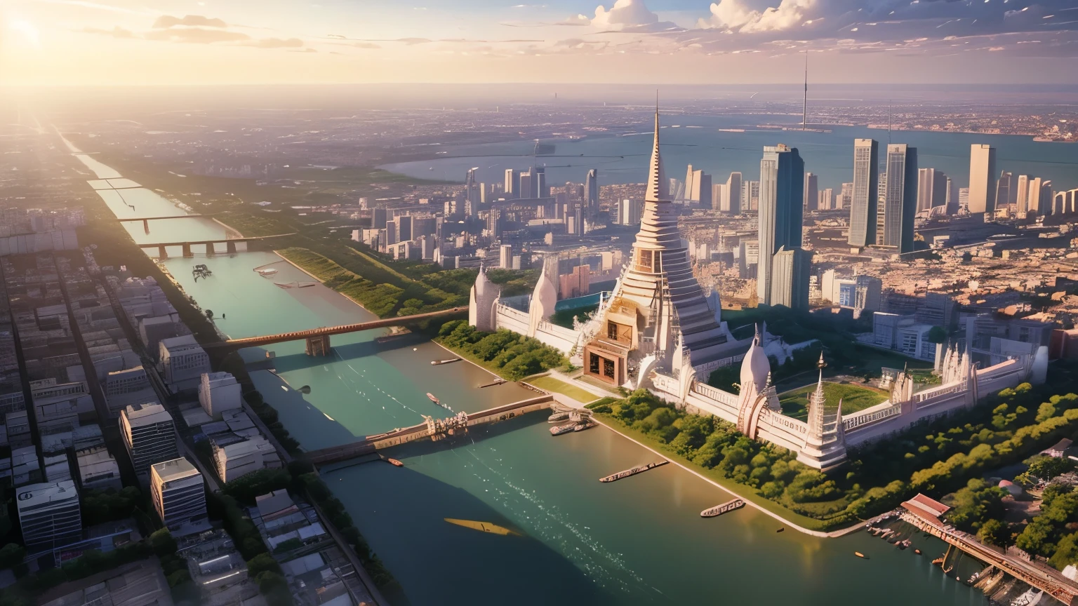 An anime-style aerial view of Bangkok, with a focus on the glittering Wat Arun temple at the heart of the city.
The intricate details of the temple's architecture are highlighted in gold, standing majestically along the riverbank.
The surrounding cityscape basks in the bright, clear sky, showcasing a harmonious blend of tradition and modernity.