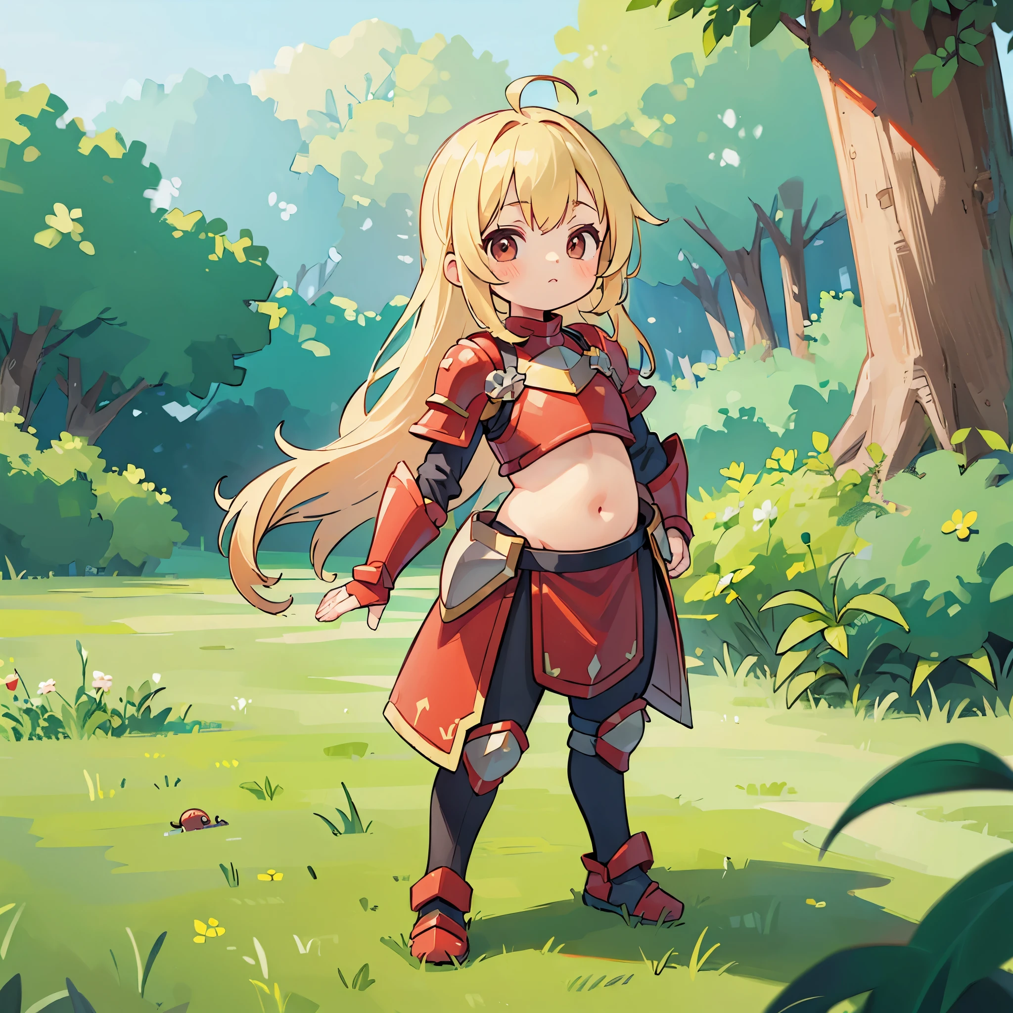 (toddler girl:1.5),Long blonde hair,red knight armor,shoulders are visible,belly button,standing,outdoors