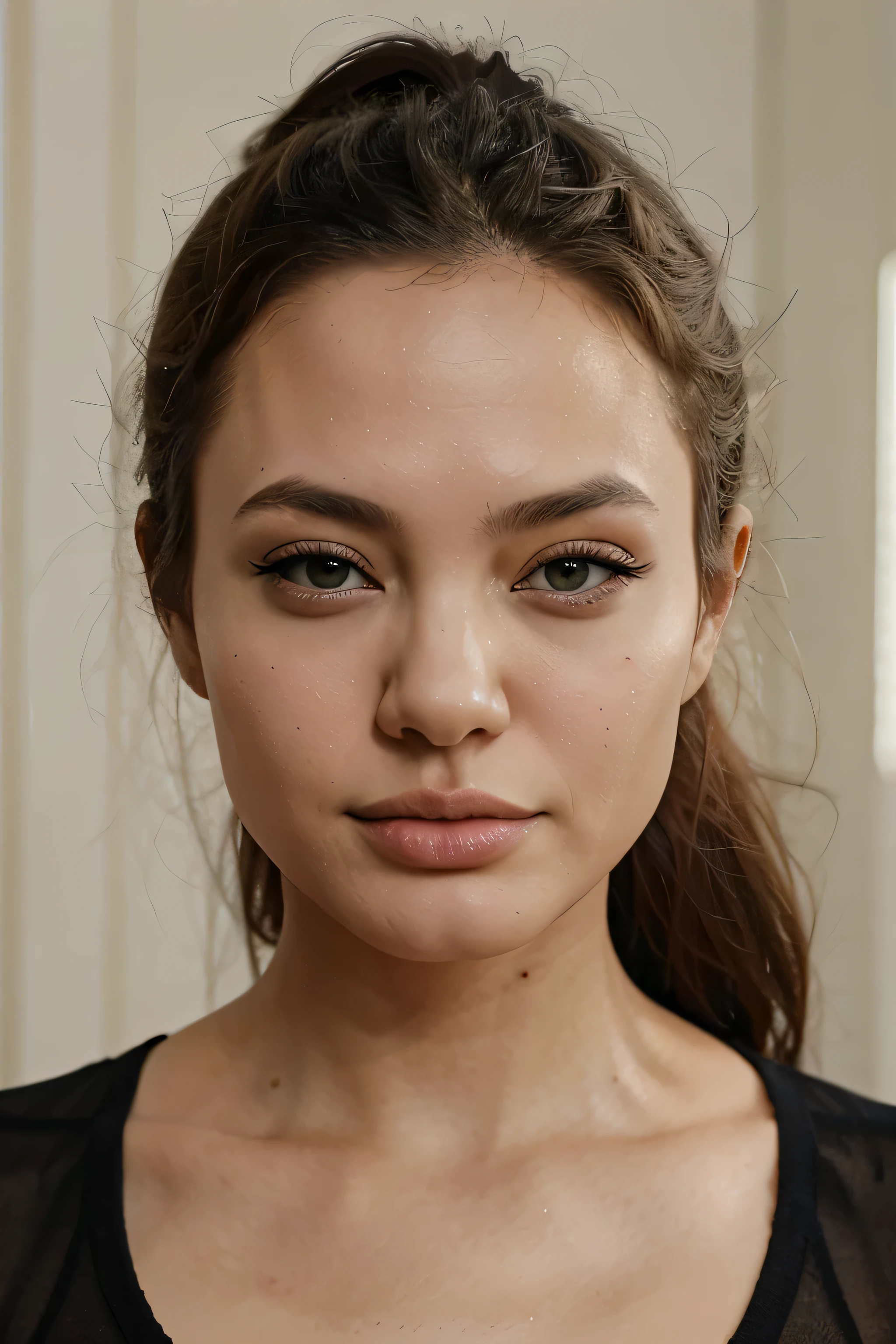 Young girl 18 years old, Asian appearance, Green eyes, Prominent forehead, realistic photo, Angelina Jolie