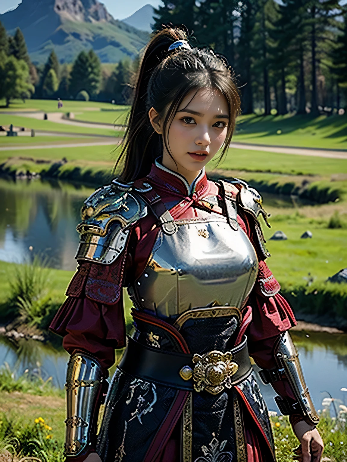 masterpiece,Best quality,HD quality,face close-up,A high resolution,8K,Ancient battlefield background, ((field:1.8)),(Female generals on the battlefield in the Han Dynasty),18-year-old girl,(long ponytail hairstyle),cparted lips,Full and erect breasts,Noble and charming,Elegant and serious,Chinese armor,sword, Chinese architecture, Blue by Capelet,,The combination of white metal and red leather,chest armor,metallic luster,Leather buckle,Exquisite pattern,mysterious badge,Cool and gorgeouig breasts)),Chest groove,Three Kingdoms character painting style,Photo pose,oc render reflection texture,charming smile,Head-up shot,bright afternoon,woodland background