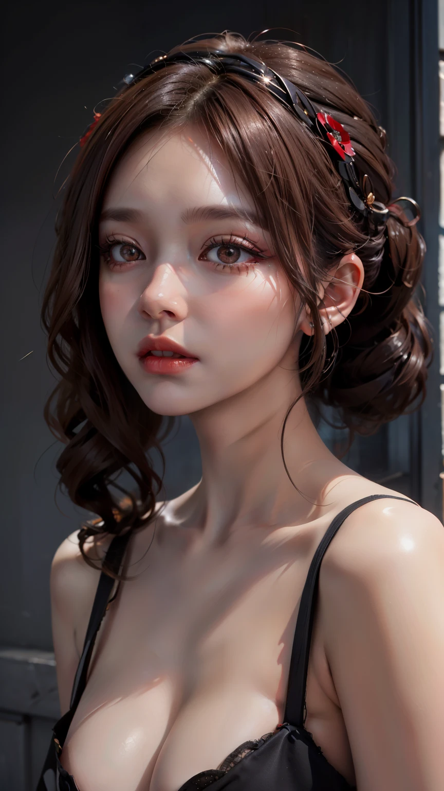 （Modify hair only、Face）Reddish-brown hair，Long curly hair，high ponytail，red headdress，red eyes，red eye，red pupils，Delicate and detailed eyes，sparkling eyes，huge ，