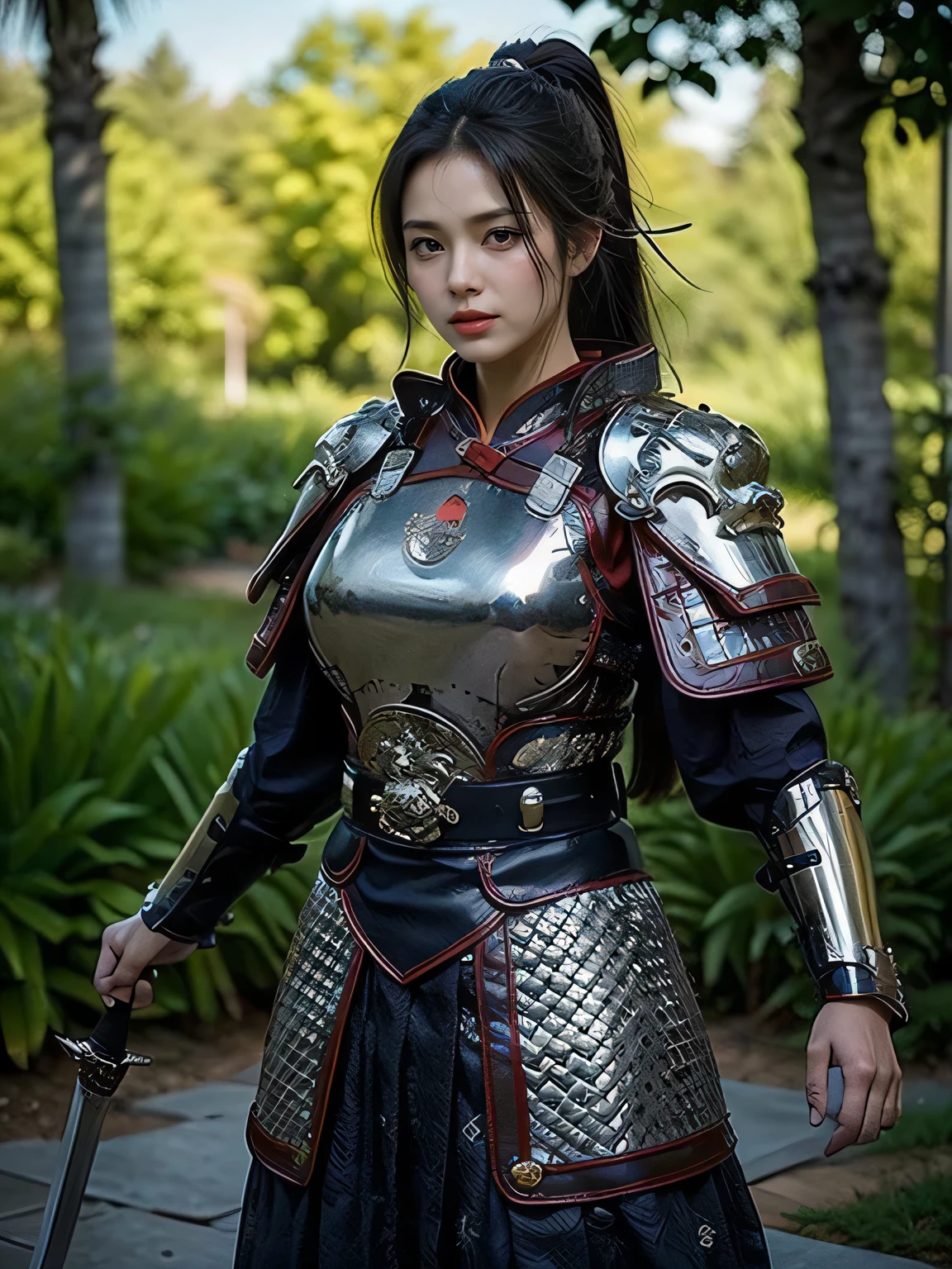 masterpiece,Best quality,HD quality,face close-up,A high resolution,8K,Ancient battlefield background, ((field:1.8)),(Female generals on the battlefield in the Han Dynasty),18-year-old girl,(long ponytail hairstyle),cparted lips,Full and erect breasts,Noble and charming,Elegant and serious,Chinese armor,sword, Chinese architecture, Blue by Capelet,,The combination of white metal and red leather,chest armor,metallic luster,Leather buckle,Exquisite pattern,mysterious badge,Cool and gorgeouig breasts)),Chest groove,Three Kingdoms character painting style,Photo pose,oc render reflection texture,charming smile,Head-up shot,bright afternoon,woodland background