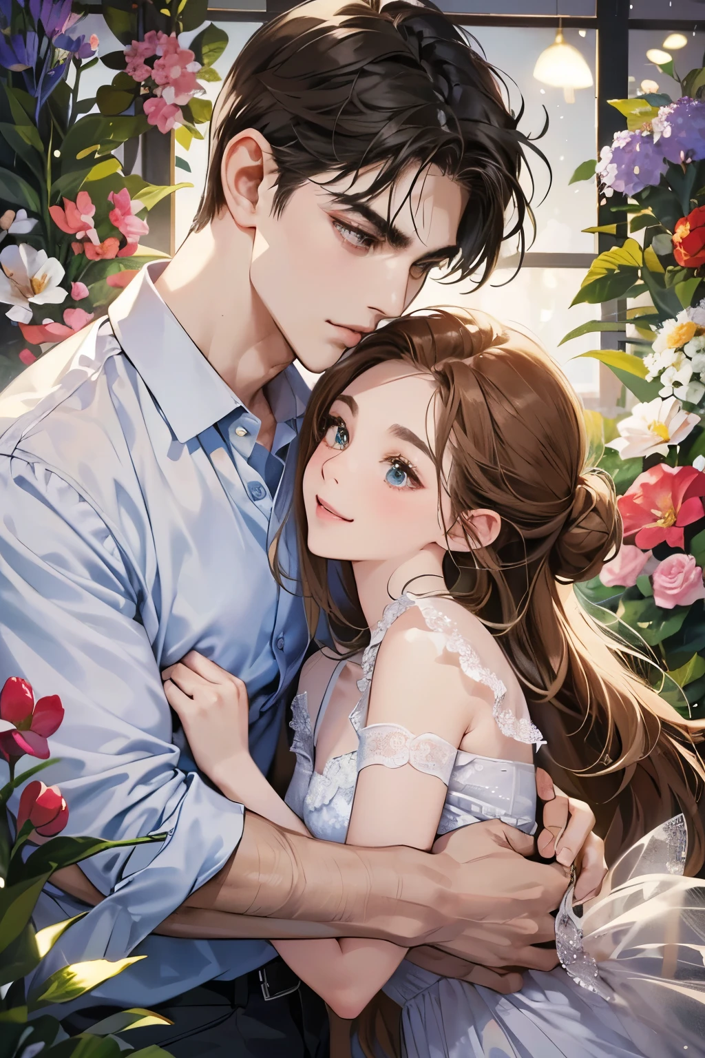 (table top, digital illustration, 4k, 8k, Super detailed, beautiful images, clear image, perfect face, perfect lines, perfect eyes, soft lighting) 1 female, (light brown hair,chignon hair,innocent look,droopy eyebrows,droopy eyes、With a round face,round chin、innocence,cute,Big eyes,natural makeup,smile gently,E cup,23 years old:1.3),Two handsome men in suits, (human,man in suit,muscular、solid shoulder width, boyish hairstyle,A man in his 30s with a cool expression,28 year old man with a bright smile:1.2),garden full of light、lots of flowers、colorful flower light,(embarrassing,shy smile:1.2),kiss、カップルkiss、romance porn、couple of man and woman hugging each other、flower shop