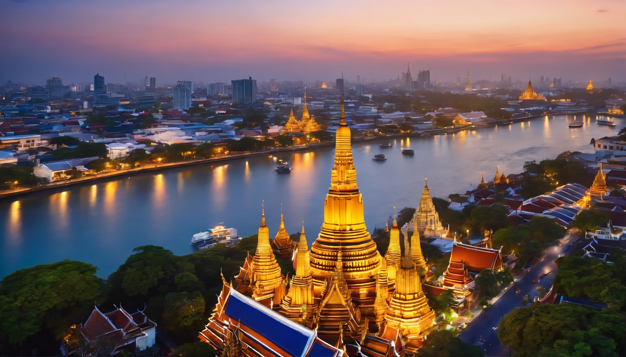 An anime-style aerial view of Bangkok, with a focus on the glittering Wat Arun temple at the heart of the city.
The intricate details of the temple's architecture are highlighted in gold, standing majestically along the riverbank.
The surrounding cityscape basks in the bright, clear sky, showcasing a harmonious blend of tradition and modernity.