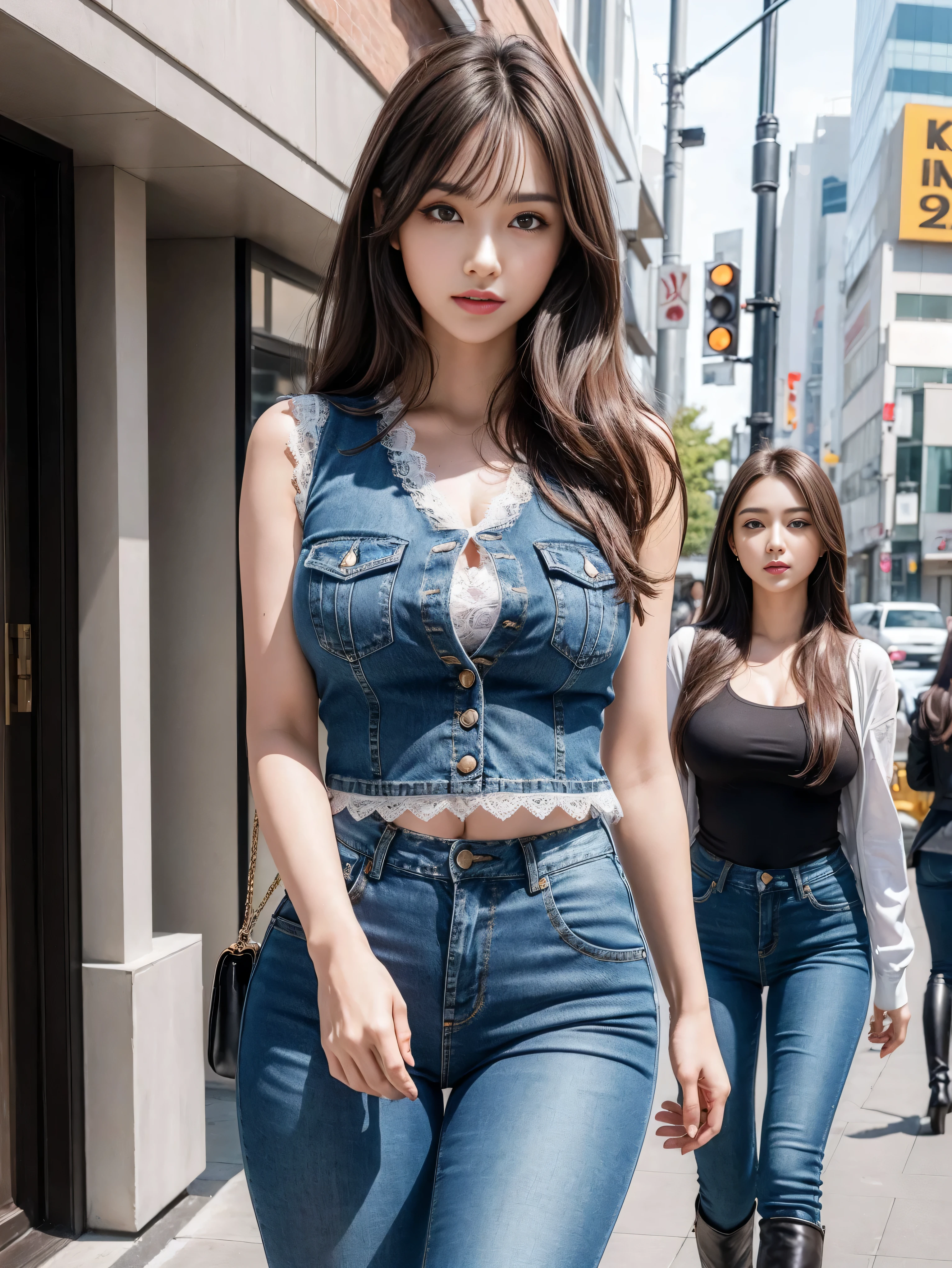 ((Realistic lighting, best quality, 8k, masterpiece:1.3)), (lock focus:1.2), (2 girls),(Beautiful woman with perfect body:1.4),2 Korean beauties, kpop idol,Leg length,(pale skin), (big eyes),(Smile:0.8),(plump sexy lips), complex and detailed face, ((Skin is super delicate)),delicate face,Super face slimming,narrow eyes,double eyelids,((Dark brown hair)), (white lace underwear:1.4),Background Shibuya streets,emphasize,Super face slimming,narrow eyes,double eyelids,(start from below:1.manner,(medium chest:1.2),Sexy long legs, (Thigh clearance:1.5),wide hips,S-shaped body,Vest line, Hips raised,Leg length,Skinny denim trousers,Shot from the front,long over-the-knee leather boots,