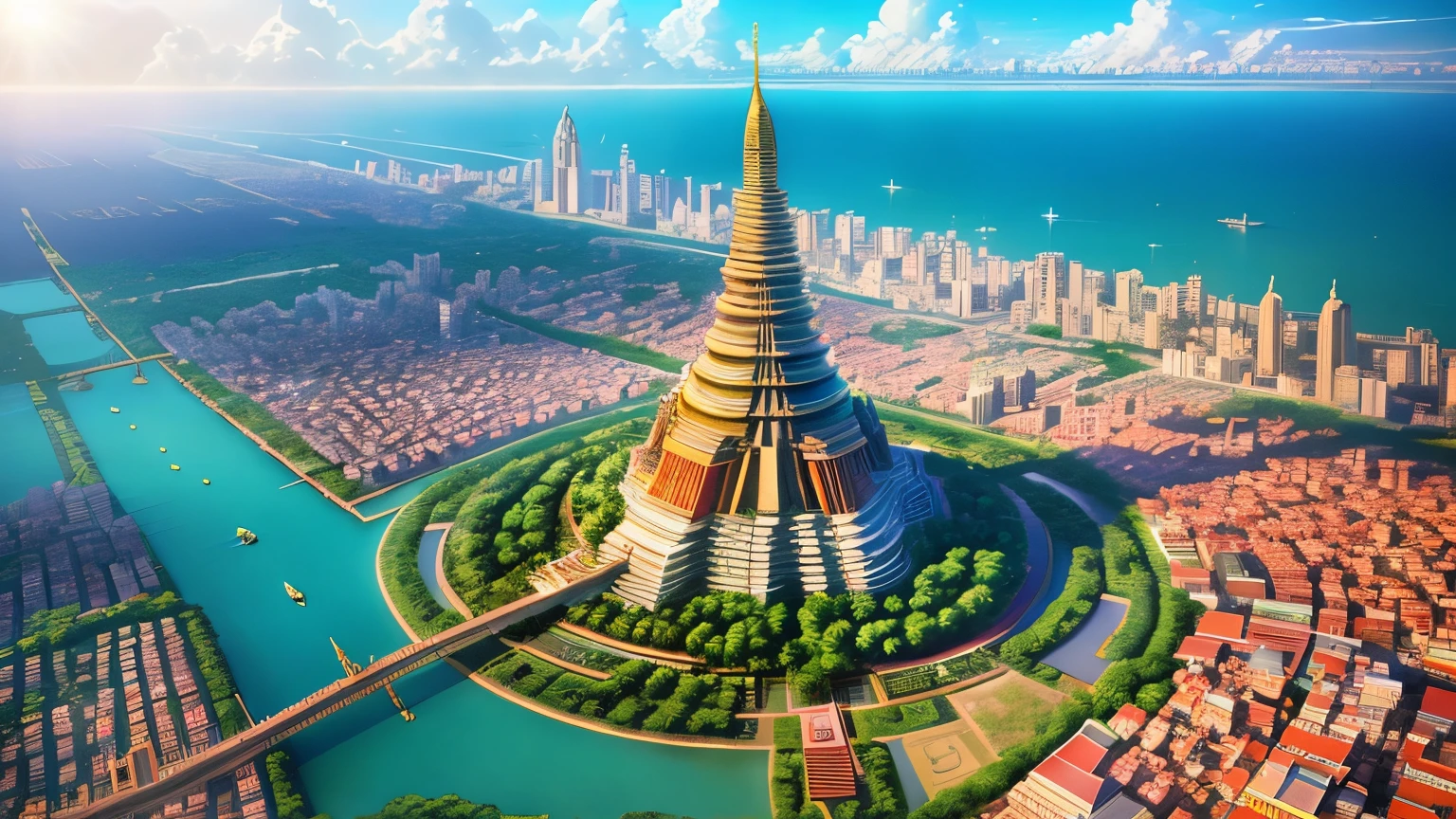 An anime-style aerial view of Bangkok, with a focus on the glittering Wat Arun temple at the heart of the city.
The intricate details of the temple's architecture are highlighted in gold, standing majestically along the riverbank.
The surrounding cityscape basks in the bright, clear sky, showcasing a harmonious blend of tradition and modernity