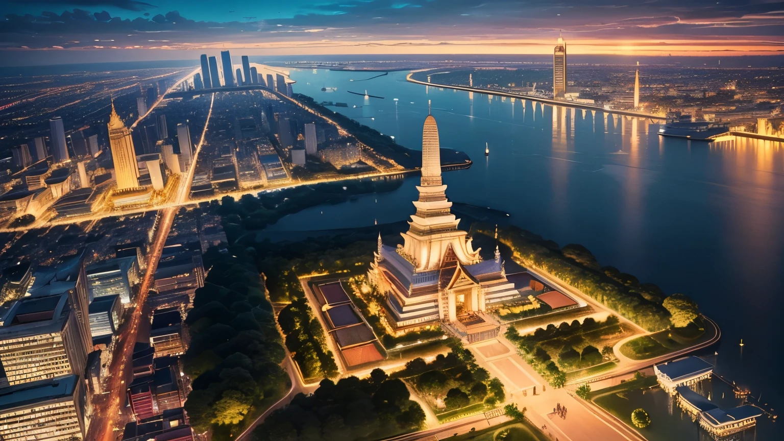 An anime-style aerial view of Bangkok, with a focus on the glittering Wat Arun temple at the heart of the city.
The intricate details of the temple's architecture are highlighted in gold, standing majestically along the riverbank.
The surrounding cityscape basks in the bright, clear sky, showcasing a harmonious blend of tradition and modernity, night view.