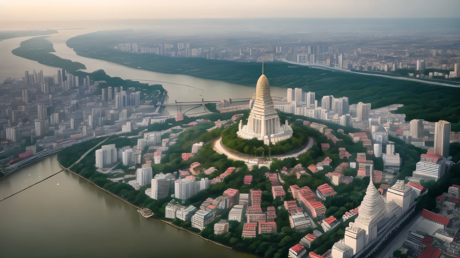 An anime-style aerial view of Bangkok, with a focus on the glittering Wat Arun temple at the heart of the city.
The intricate details of the temple's architecture are highlighted in gold, standing majestically along the riverbank.
The surrounding cityscape basks in the bright, clear sky, showcasing a harmonious blend of tradition and modernity.