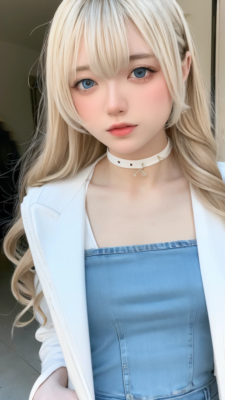 1 girl, medium breasts, blonde hair, long hair, wavy hair, gray eyes, white feathered wings, Angel, outdoors, white jacket, choker, Tank top, jeans