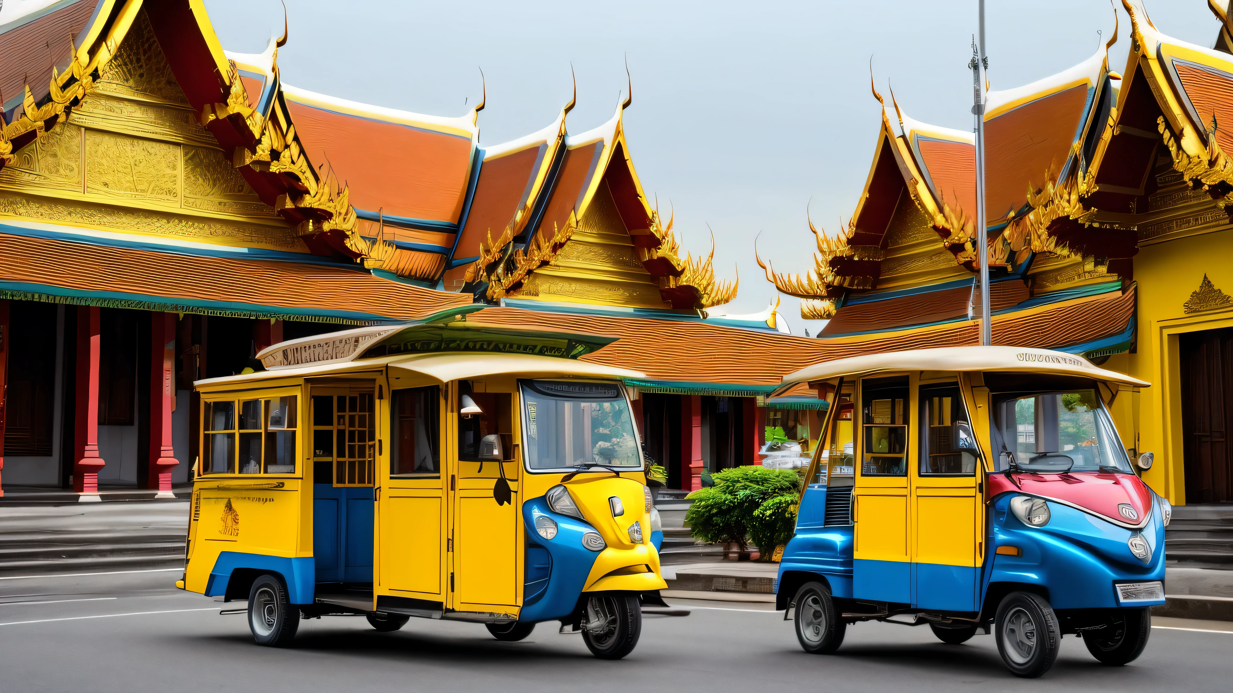 Thai temple in Bangkok.
blue and yellow tuk tuk.