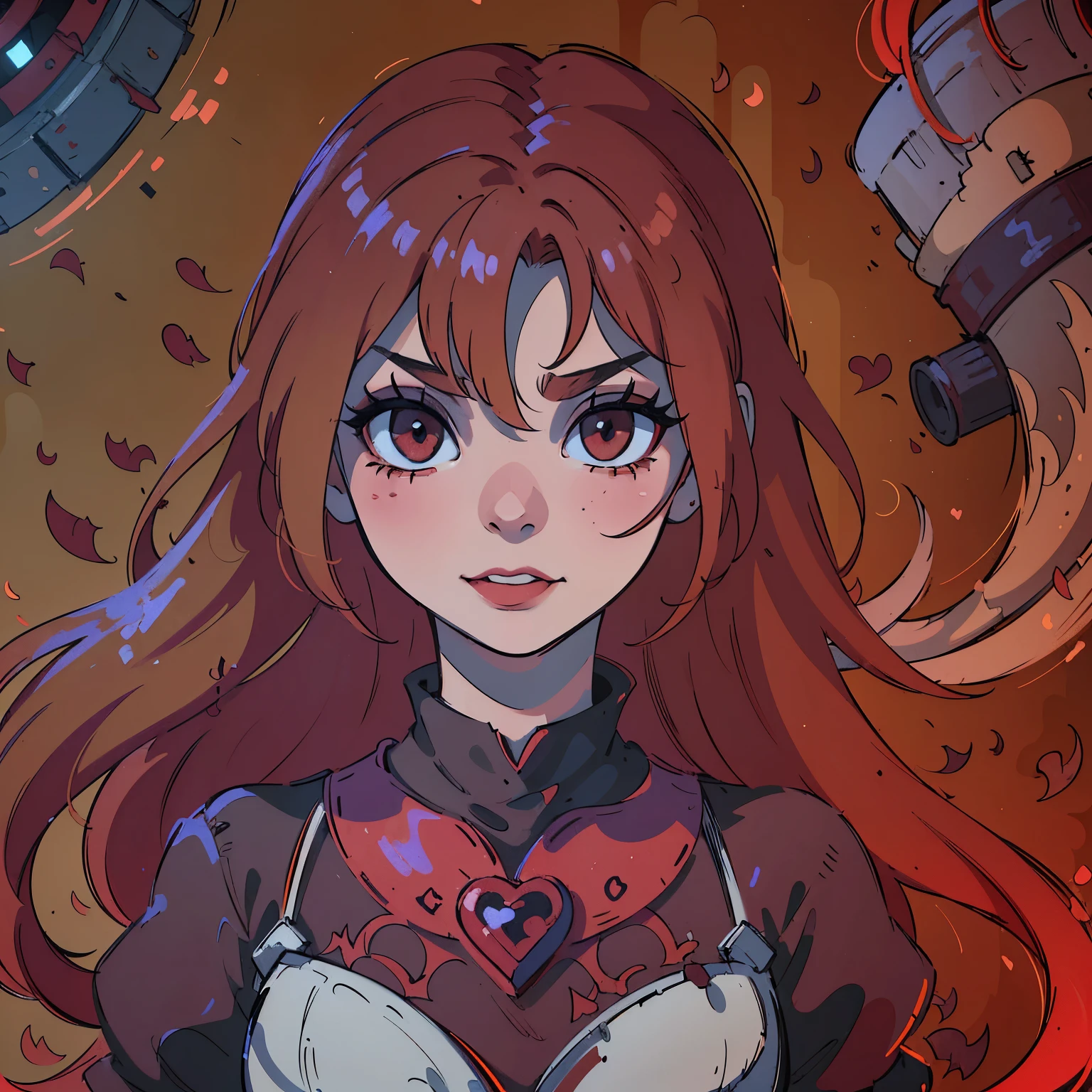 (best quality,4k,8k,highres,masterpiece:1.2),ultra-detailed,(realistic,photorealistic,photo-realistic:1.37),blood red hair,blood red eyes,extremely detailed eyes and face,lighter skin, detailed teeth,vivid colors,dark shadows,dramatic lighting,gothic,horror,portrait,very red hair,beautiful nose,smile, Do not alter the hair fringe,Red lipstick, smile with beautiful teeth, drawing of a heart symbol painted in red on the right cheek.