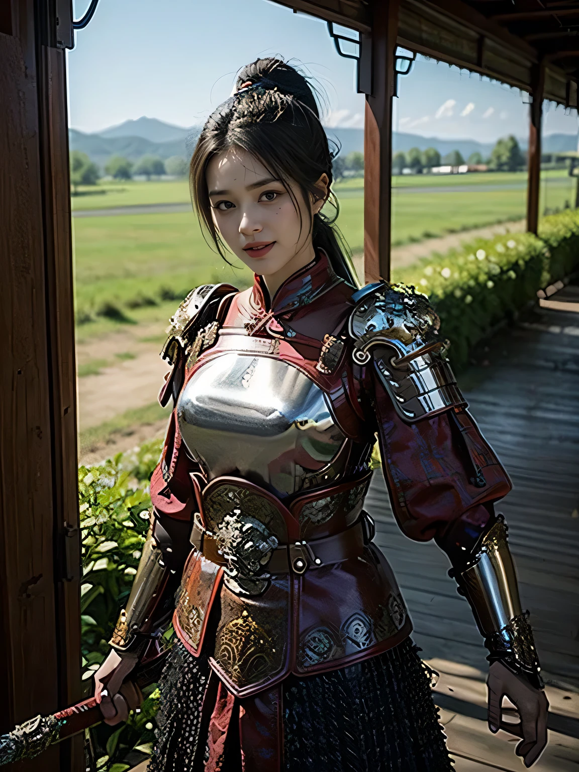 masterpiece,Best quality,HD quality,face close-up,A high resolution,8K,Ancient battlefield background, ((field:1.8)),(Female generals on the battlefield in the Han Dynasty),18-year-old girl,(long ponytail hairstyle),cparted lips,Full and erect breasts,Noble and charming,Elegant and serious,Chinese armor,sword, Chinese architecture, Blue by Capelet,,The combination of white metal and red leather,chest armor,metallic luster,Leather buckle,Exquisite pattern,mysterious badge,Cool and gorgeouig breasts)),Chest groove,Three Kingdoms character painting style,Photo pose,oc render reflection texture,charming smile,Head-up shot,bright afternoon,woodland background