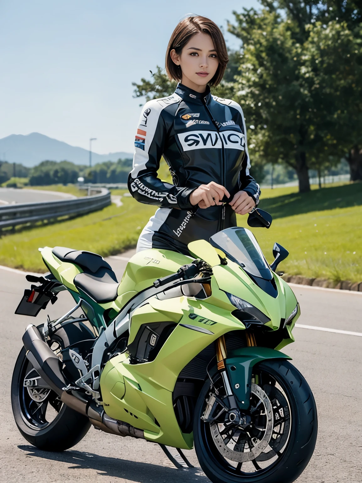 (realistic:1.5), 8k, Super delicate beauty, 1 girl, intricate body details, (short: 1.3), (highest quality: 1.0), (Super high sharpness: 1.0),(Beautiful and delicate depiction of eyes),((((riding a motorcycle)))),unreal engine:1.4, photorealistic:1.4, skin texture:1.4, masterpiece:1.8,highest quality、smile、long limbs、((green racing suit and long pants))、slender、short hair