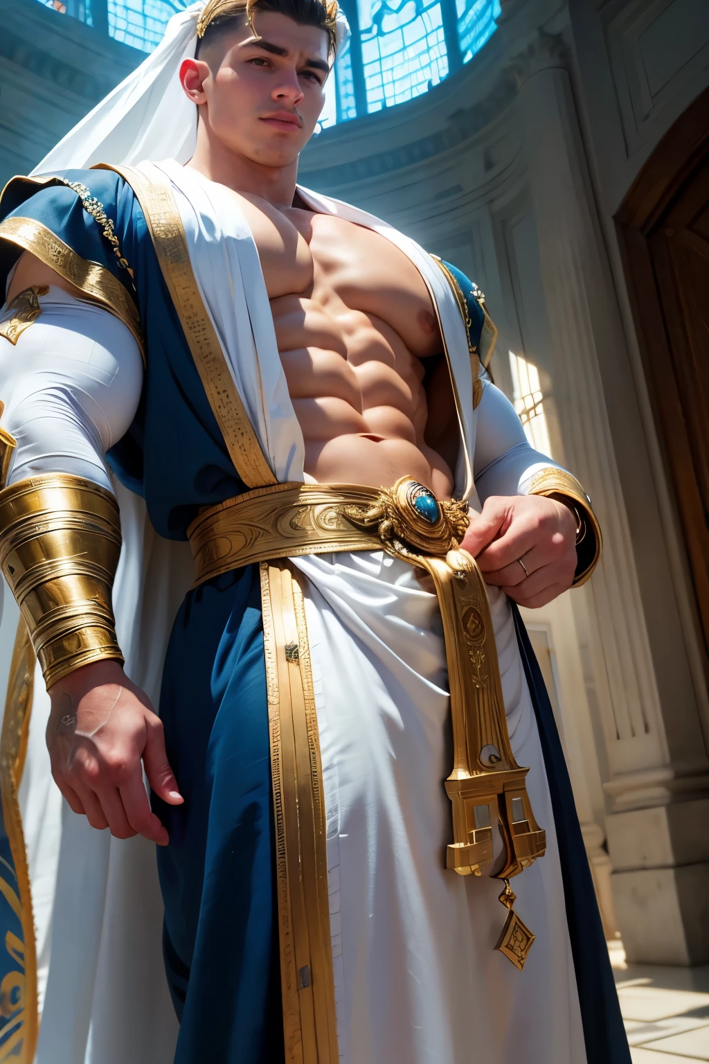 (Obra maestra)), ((Mejor calidad:1.2)), high resolution, 8K, (ultra_realista:1.3), (photorealista:1.4), (Plantilla de Instagram, elegante:1.2), Muscle god Zeus with incredibly huge bodybuilder shape, Zeus tiene un rostro imponente y majestuoso con ojos profundos y penetrantes que parecen chispear con electricidad, una boca ancha y seria, and proportionate ears with well-defined lobes. Posee una nariz recta y prominente, Su cabello es largo ondulado y oscuro con destellos dorados fluyendo en mechones sobre sus hombros y espalda, His body is muscular and athletic with an upright posture that denotes confidence and authority..., Suele llevar largo, flowy robes embellished with gold details with predominant colors of golden white and blue., Las texturas de su vestimenta son suaves y fluidas evocando elegancia y nobleza, siendo de estatura imponente, surpassing in height the other gods and mortals.
