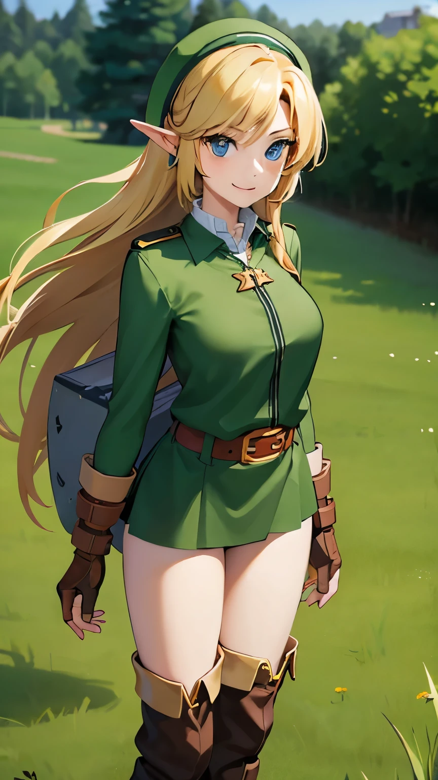 (masterpiece), best quality, expressive eyes, perfect face, highres, (female body:1.3),1 girl, solo, ootLink girl, hat, long hair, blonde hair, (green tunic), belt, fingerless gloves, boots, field, grass, trees, landscape, depth of field, smiling, standing, upper body portrait, looking at the viewer, from frontal,
