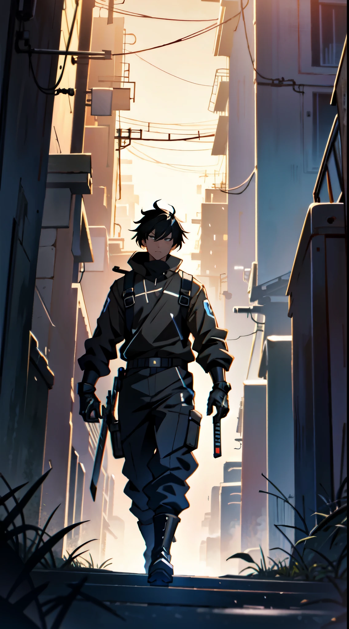 (best quality, 4k, 8k, highres, masterpiece:1.2), ultra-detailed, (anime: 1.2), cyber soldier with two katanas in both hands in a futuristic city, makoto shinkai cyril rolando, atey ghailan 8 k, emotional concept art, guweiz and makoto shinkai, anime art wallpaper 8 k, a beautiful artwork illustration, 4k highly detailed digital art, anime art wallpaper 4k, anime art wallpaper 4 k, 4 k hd