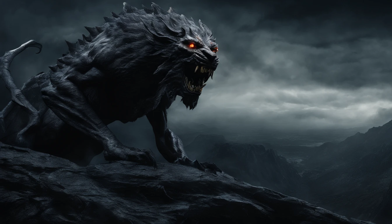 (best quality,4k,high detailed),At midnight,(realistic),a Greek manticore emerges from a dark cave,frontal view,yellow eyes,cave paintings,moonlit shadows,foreboding atmosphere,mythological creature,fierce expression,powerful muscles,bat's wings,sharp scorpion tail,detailed lion's body,bat wings spread wide,ominous presence,gleaming fangs,unearthly roar,dark color palette,dramatic lighting,mysterious aura,vivid colors.