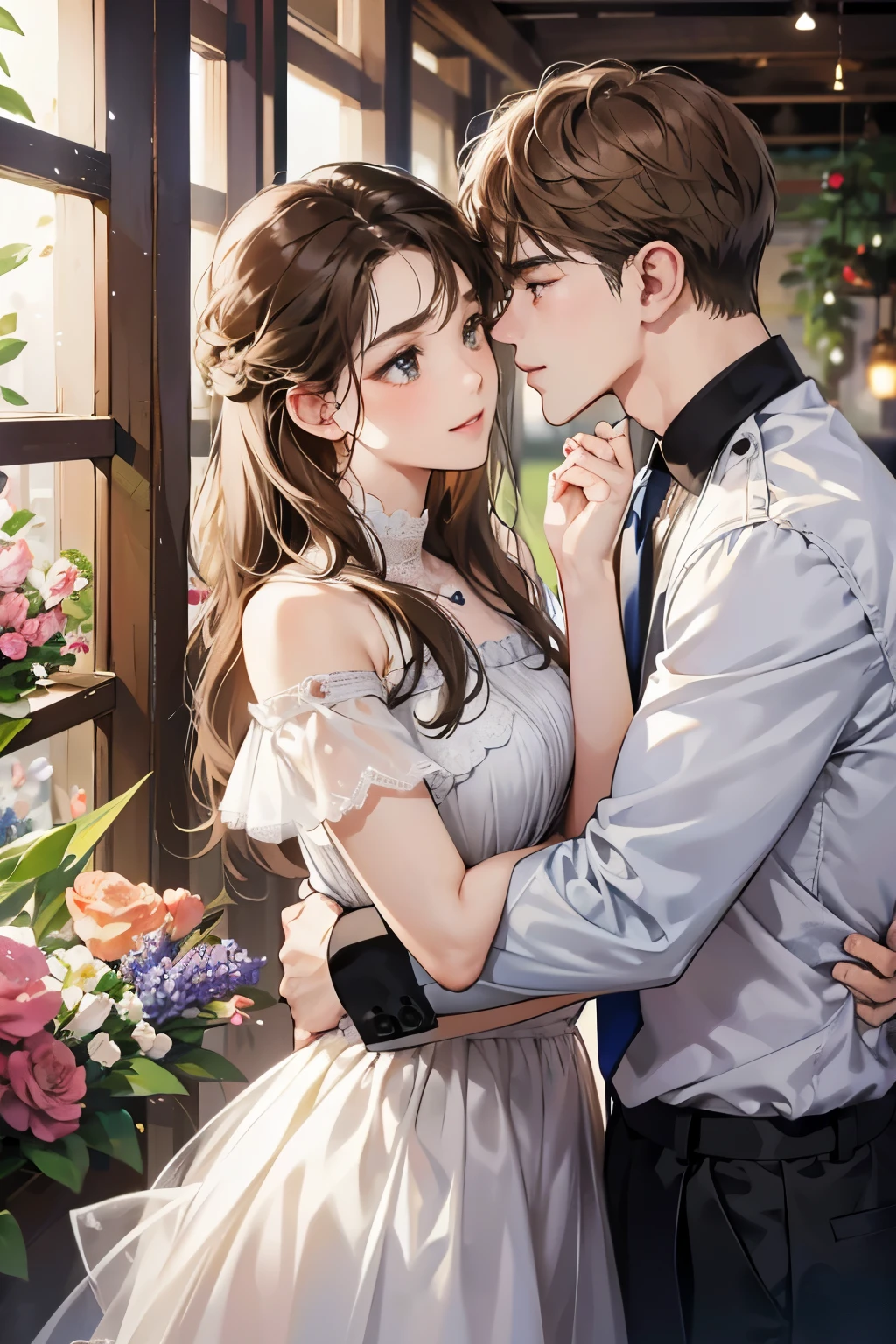 (table top, digital illustration, 4k, 8k, Super detailed, beautiful images, clear image, perfect face, perfect lines, perfect eyes, soft lighting) 1 female, (light brown hair,chignon hair,innocent look,droopy eyebrows,droopy eyes、With a round face,round chin、innocence,cute,Big eyes,natural makeup,smile gently,E cup,23 years old:1.3),Two handsome men in suits, (human,man in suit,muscular、solid shoulder width, boyish hairstyle,A man in his 30s with a cool expression,28 year old man with a bright smile:1.2),garden full of light、lots of flowers、colorful flower light,(embarrassing,shy smile:1.2),kiss、カップルkiss、romance porn、couple of man and woman hugging each other、flower shop