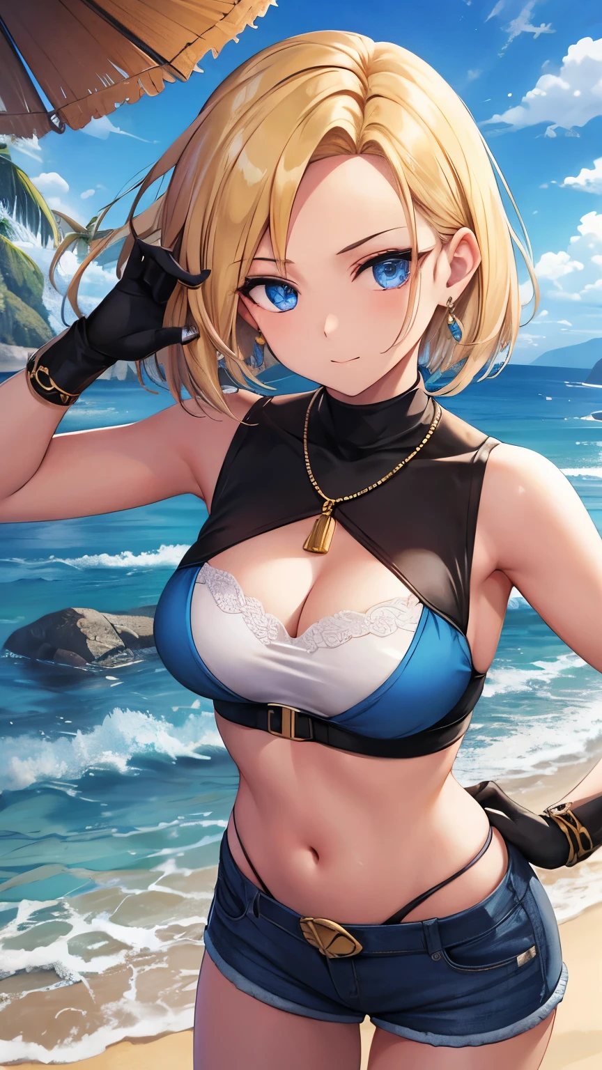 Steppiece, Best Quality, Ultra-detailed, Absurd, Portrait of cute android18DB, Realistic face, Solo, earrings, Jewelry, , brave, Eyeshadow closed, the beach, gloves, Necklace, Rock, Standing, fighting position, Volumetric lighting, Best Quality, masutepiece, Intricate details, tonemapping, Sharp Focus, Hyper Detailed　short pants　sleeveless