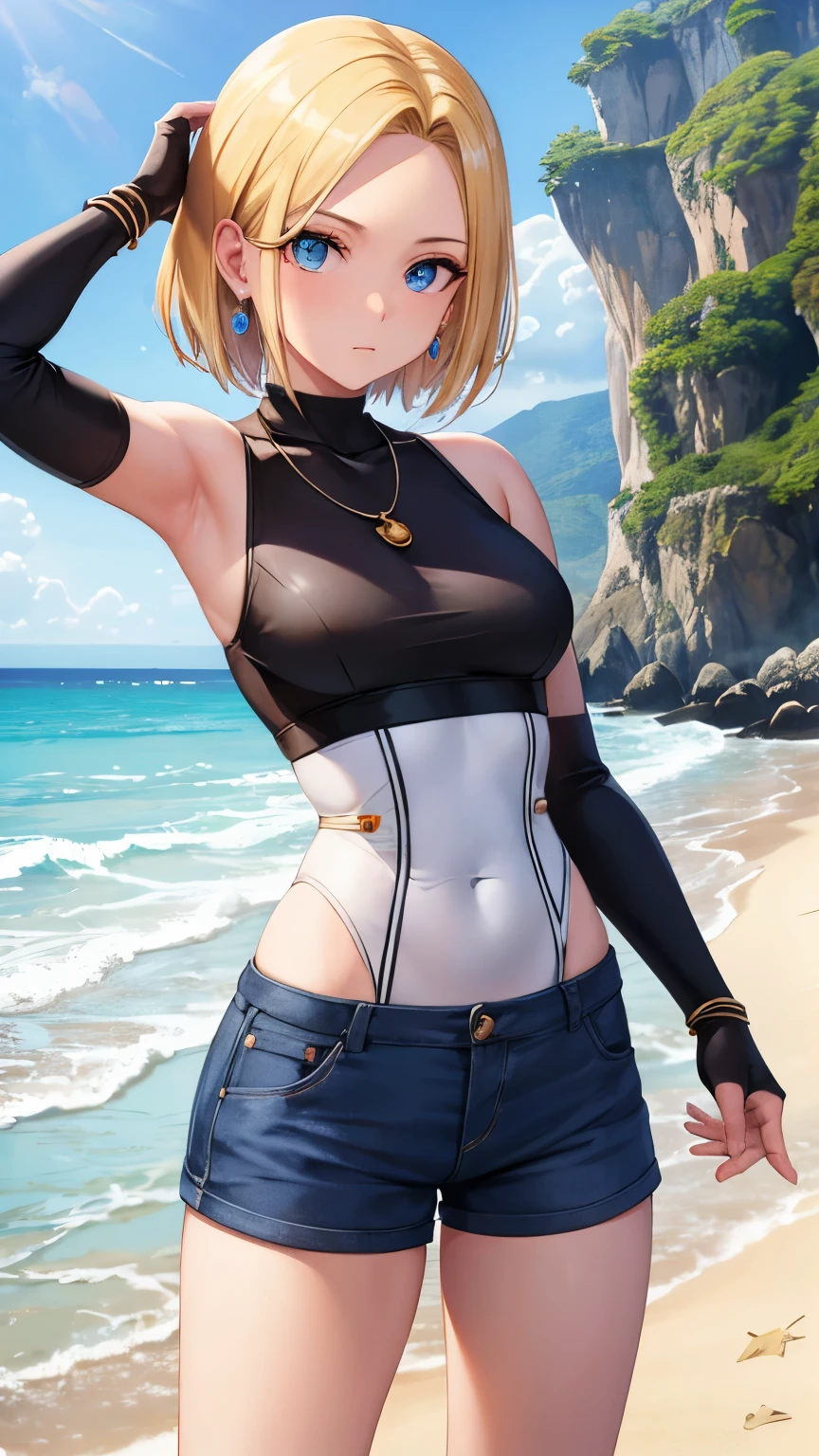 Steppiece, Best Quality, Ultra-detailed, Absurd, Portrait of cute android18DB, Realistic face, Solo, earrings, Jewelry, , brave, Eyeshadow closed, the beach, gloves, Necklace, Rock, Standing, fighting position, Volumetric lighting, Best Quality, masutepiece, Intricate details, tonemapping, Sharp Focus, Hyper Detailed　short pants　sleeveless