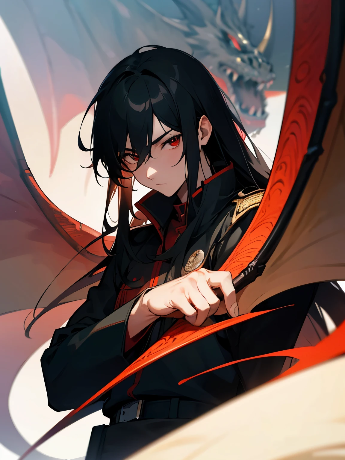 Ultra-detailed，high resolution，Ultra-detailed，Best quality，amazing，quality，Extremely detailed CG unified 8k wallpaper，tarot cards，single character，Draw a male character，He is wearing a black combat uniform，black hair，he has red wings，He has red eyes，dragon clan，He has long black hair，Upper body close-up，white skin, city background
