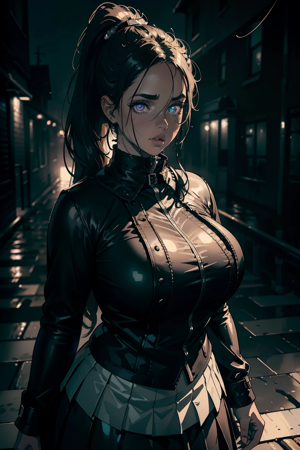 (Masterpiece), High Quality, 1 woman, SSBBW, 600-pounds, saggy belly, dimpled face, wearing a leggings, pleated skirt, sports top, high ponytail, high boots, long fur jacket, on a foggy moonlit night in a ghost town, (detailed face), (hyper detailed eyes:1.5), (detailed lips:1.5), with a metal chained-collar in the neck, lineart, (Gloomy atmosphere), (Shiny wet ground), (Moody lighting), (Foggy background), (High contrast), (Cinematic shadows), (Emotional depth), (Haunting