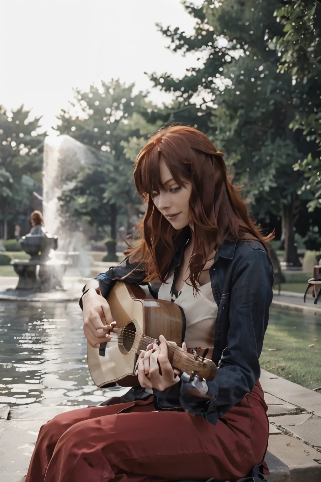 Beautiful girl. Devola. Redhead. Sitting in front of a fountain. Playing the guitar 