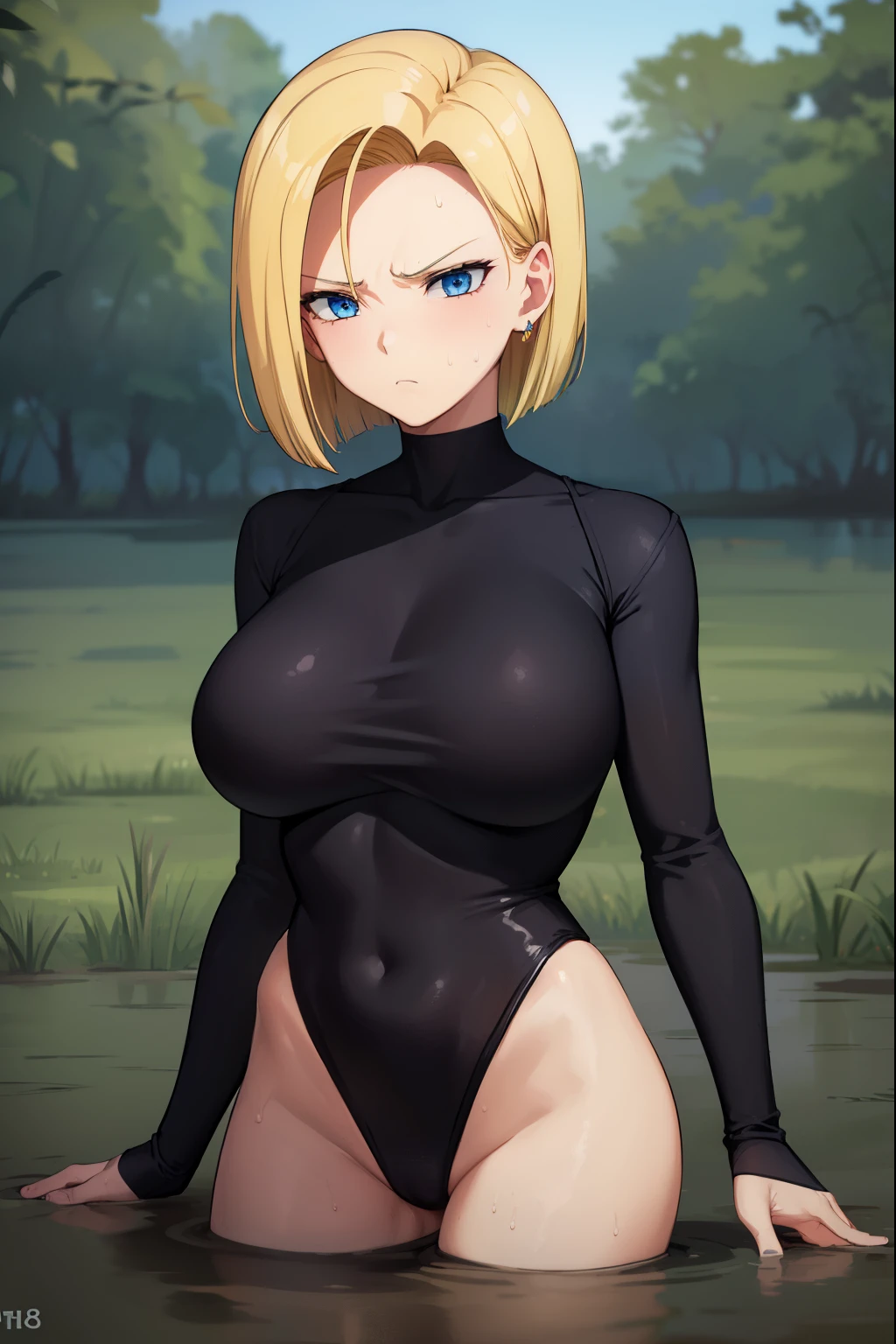 highest quality, High resolution, whole body,AND18, 1 girl, android 18, alone, golden hair, blue eyes, short hair,earrings,big breasts, frown,embarrassed face,Sweat,black leotard, black high leg cut,( drown in the swamp:1.2),Grass,darkness,