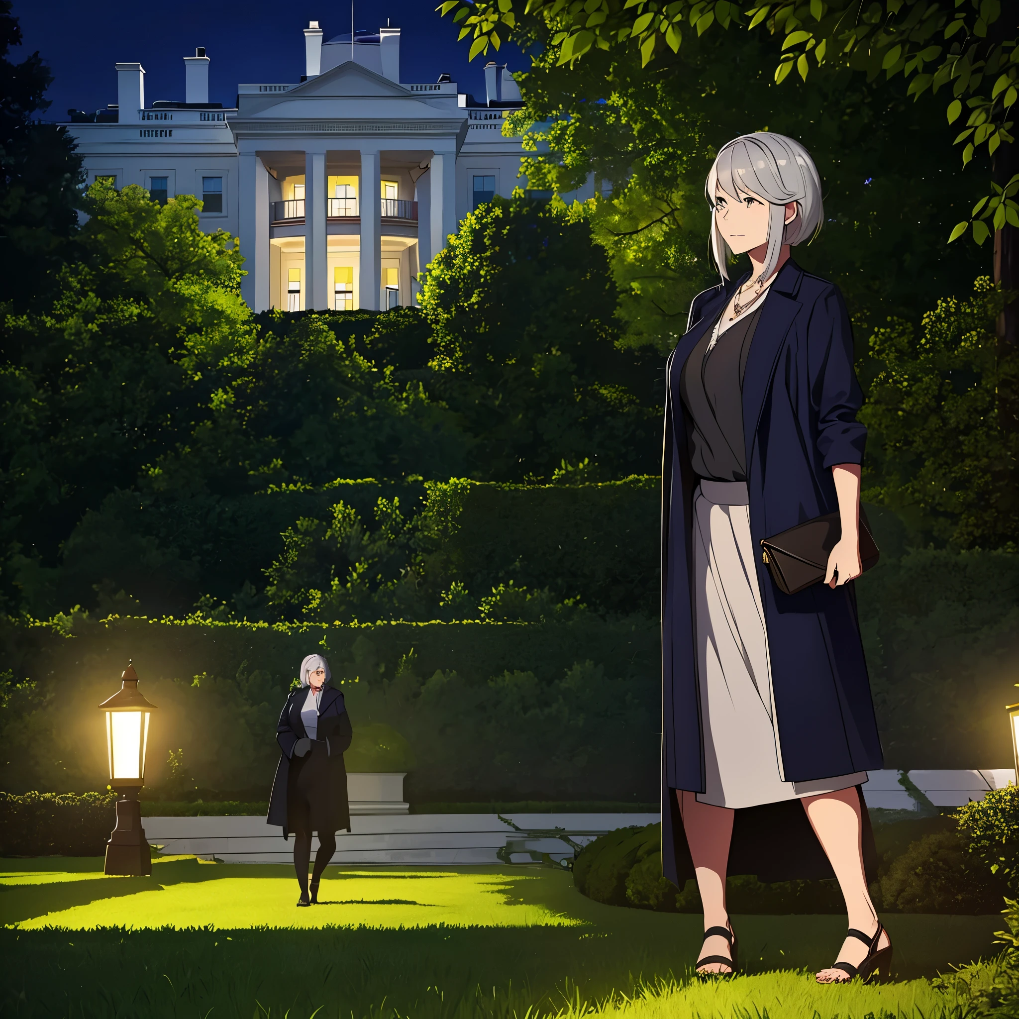 a woman in casual clothes, gray hair, in the garden of the White House in the United States at night