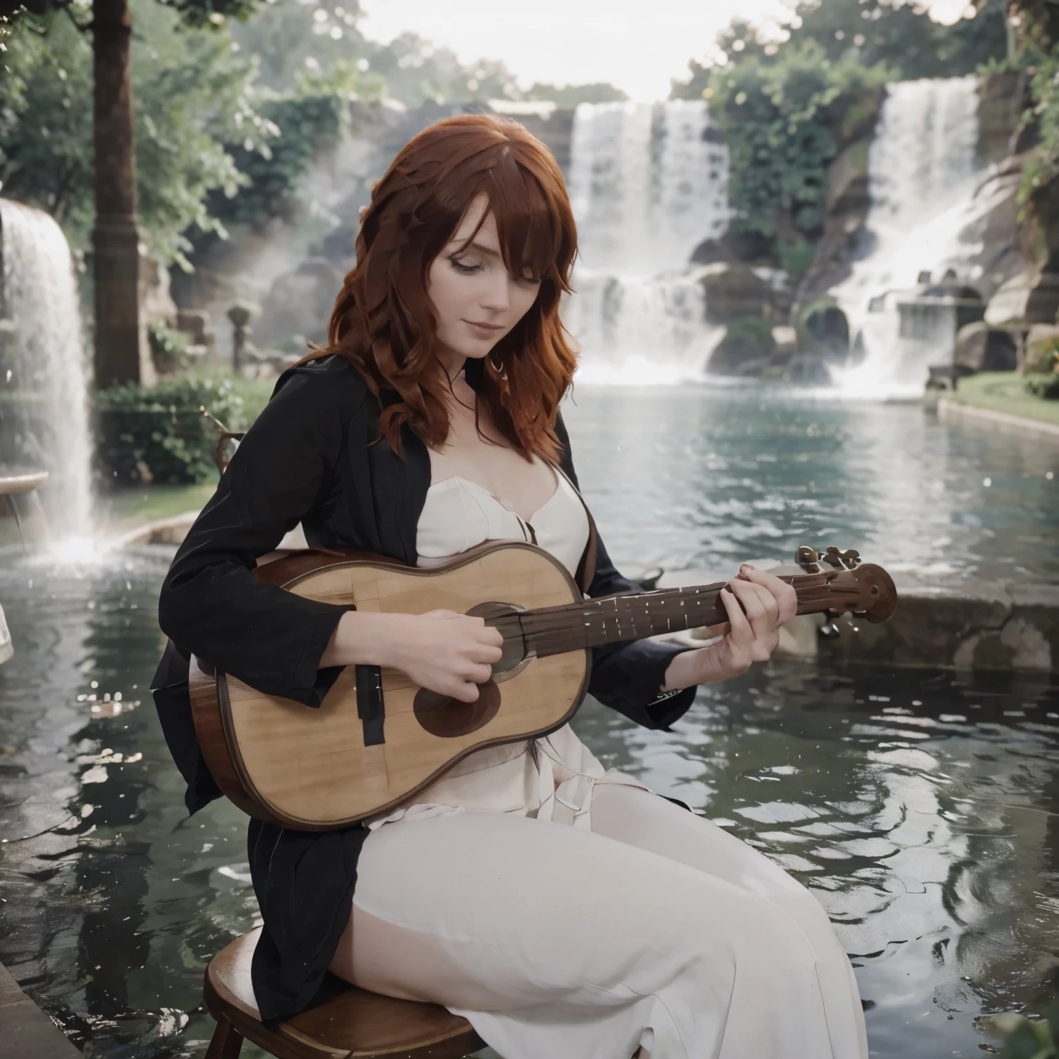 Beautiful girl. Devola. Redhead. Sitting in front of a fountain. Playing the guitar