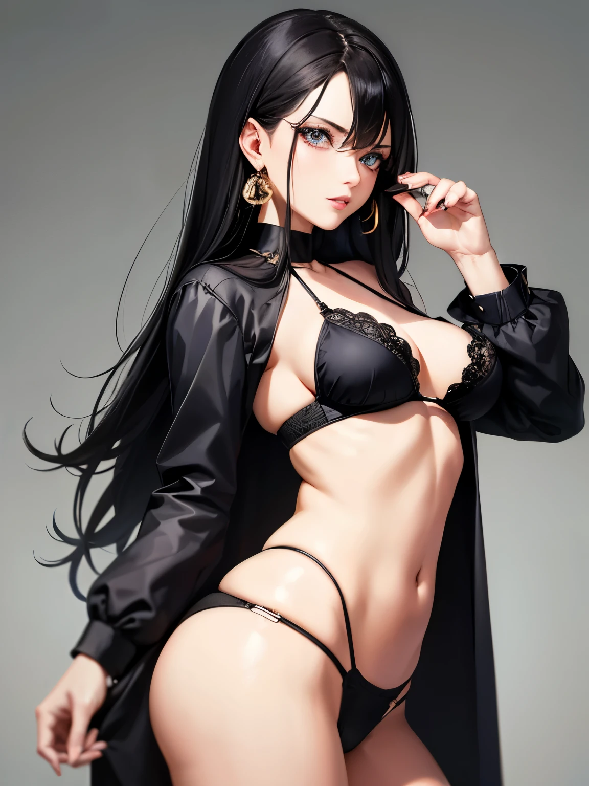 Masterpiece: 1.6, best quality: 1.4, live image: 1.2, intricate details: 1.2,
Appearance: (1milf character): 1.25, thin: 1.3, light blue eyes, medium breasts, medium ass, detailed eyes, quality eyes, angry
Clothing: black bra, black panties
Accessories: simple earrings
Hair: black hair, long hair,
Makeup: natural, shiny skin
(Bar background: 1.3)