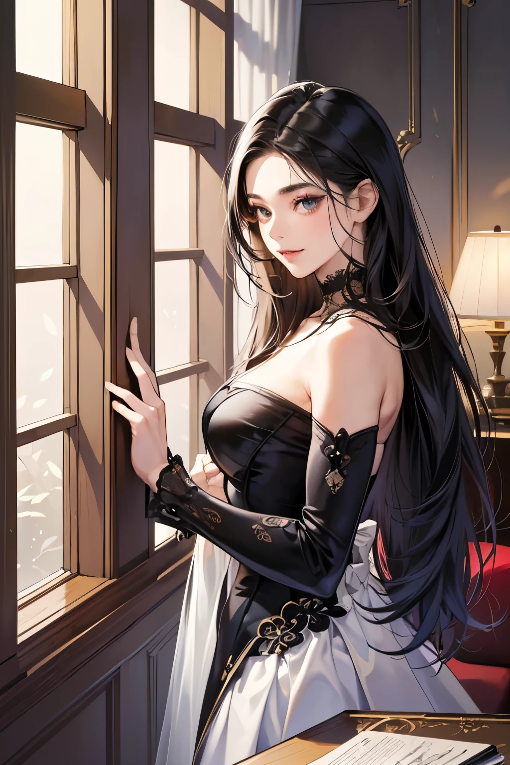 (table top, digital art, digital illustration, 4k, 8k, Super detailed, beautiful images, clear image, realistic, RAW photo, perfect face, perfect lines, perfect eyes,) 1 female, (long black hair,straight hair,bullish look,Beautiful woman,suit,solid makeup,small breasts、23 year old female,:1.3),secretary, suitを着たハンサムな男性 2 人, (human,suitを着た男,muscular,solid shoulder width, human,boyish hairstyle,british gentleman&#39;s style,A man in his 30s with a cool expression,28 year old man with a bright smile:1.2),night office scene,antique furniture,antique clamp,antique chair,chandelier,party、couple、coupleキス、romance、romanceポルノ、look at each other、hug each other