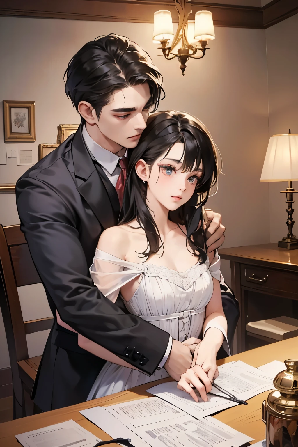 (masutepiece, Digital Art, Digital Illustration, 4K, 8K, Ultra-detailed, beautiful image, Sharp Image, Photorealistic, Raw photo, Perfect face, Perfect lines, Perfect eyes, Soft lighting) 1 woman, (Long Black Hair,straight haired,Bullish gaze,Beautie,Woman in suit,Solid makeup,23 y-o woman,A slender、small tits:1.3),Secretary, Two handsome men in suits, (ember,Men in suits,well-muscled,Firm shoulder width,Adult male,Boyish hairstyle,English gentlemanly style,Man in his 30s with a cool expression,28-year-old man with bright smile:1.2),Office scene at night,Antique furnishings,Antique Clamps,Antique chair,chandeliers,Parti、a couple、couple kissing、kiss、the kiss、Romance、loves it、kiss、a couple、couple kissing、Romance、Romance、ssex、have sex、Wet pubic area、insert 、Rape、Overflowing、独奏,Full body painting,(One Girl And One Man,Having sex:1.5),(ember,Adult male,Rubbing the girl's boobs:1.2),Cheek dyeing、gasping face、embarrassed、boredom、begging、Unhappy、Greedy expression,Wet pubic area、 xen、Crotch wide open、