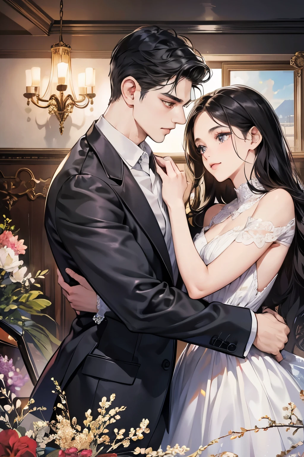 (table top, digital art, digital illustration, 4k, 8k, Super detailed, beautiful images, clear image, realistic, RAW photo, perfect face, perfect lines, perfect eyes,) 1 female, (long black hair,straight hair,bullish look,Beautiful woman,suit,solid makeup,small breasts、23 year old female,:1.3),secretary, suitを着たハンサムな男性 2 人, (human,suitを着た男,muscular,solid shoulder width, human,boyish hairstyle,british gentleman's style,A man in his 30s with a cool expression,28 year old man with a bright smile:1.2),night office scene,antique furniture,antique clamp,antique chair,chandelier,party、couple、coupleキス、romance、romanceポルノ、look at each other、hug each other