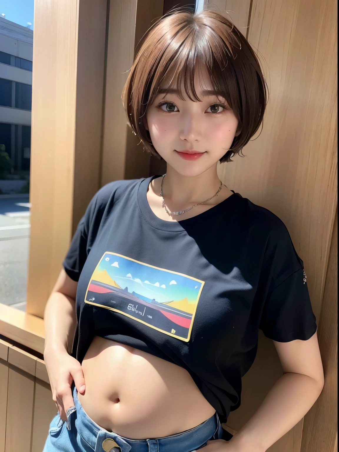 ((highest quality))、(masterpiece:1.4)、Raw photo、8k、((best image quality))、 ((High resolution))、Beautiful face in every detail、realistic human skin、gentle expression、(one woman:1.3 )、realistic、Photoreal、(extra belly short hair:1.4)、(Beautiful woman)、(cute japanese girl)、(boyish:1.35)、((mannish))、((Beautiful woman))、(beautiful hair)、((dark brown hair))、(((red cheeks)))、((sheの目は大きいです))、20 year old beauty、(sheの顔は小さいです:1.7)、small head、((long neck))、white skin、spotless skin、With bangs、Everyone longs for、日本のBeautiful woman、Eight-headed height、(((date)))、((she))、(necklace)、(music festival:1.4)、blue sky、looking at camera、(concert t-shirt)、smile、(oversized clothes:1.3)、happy look、