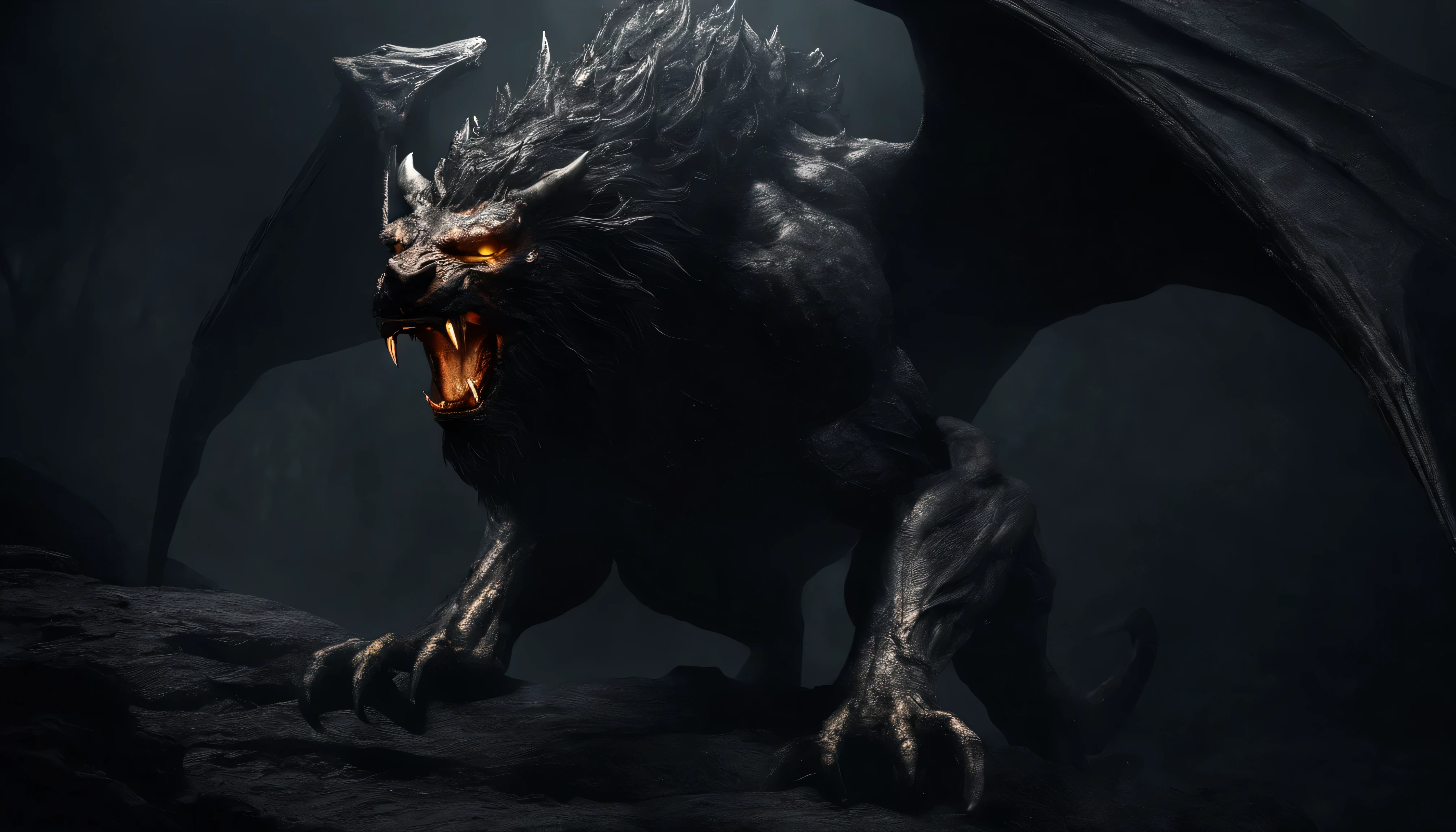 (Mejor calidad,4k,alto detallado),a la medianoche,(realista),A Greek manticore emerges from a dark cave.,vista frontal,ojos amarillos,Pinturas rupestres,sombras iluminadas por la luna,Premonitory atmosphere,mythological creature,fierce expression,powerful muscles,bat wings,sharp scorpion tail,detailed lion body,bat wings extendidas,presencia siniestra,colmillos relucientes,rugido sobrenatural,paleta de colores oscuros,dramatic lighting,aura misteriosa,vivid colors.